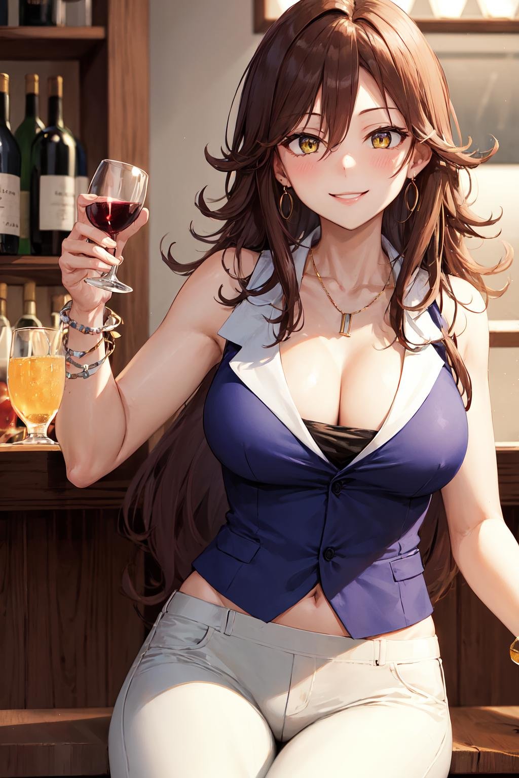 1girl, solo, breasts, long hair, brown hair, cleavage, jewelry, bracelet, yellow eyes, white pants, blue_vest, sleeveless, sumeragi lee noriega, <lora:sumeragi_lee_noriega_v10:0.7>, bar, sitting, drink, wine, smile,