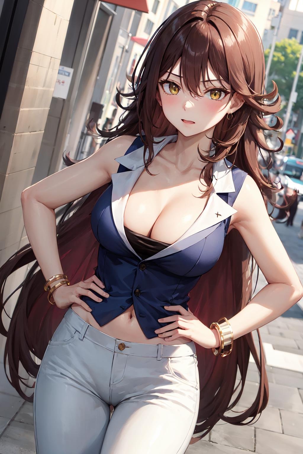 1girl, solo, breasts, long hair, brown hair, cleavage, jewelry, bracelet, yellow eyes, white pants, blue_vest, sleeveless, sumeragi lee noriega, <lora:sumeragi_lee_noriega_v10:0.7>, street, hand on hip, 