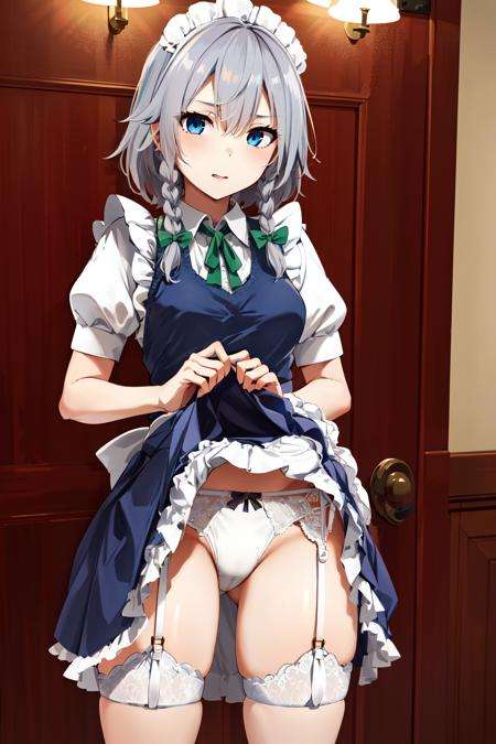 masterpiece, best quality, highres,  1girl, solo, sakuya1, maid, blue eyes, grey hair, medium breasts, <lora:izayoi_sakuya_v1:0.7>, scornful, (skirt lift:1.3), white thong, garter belt, 