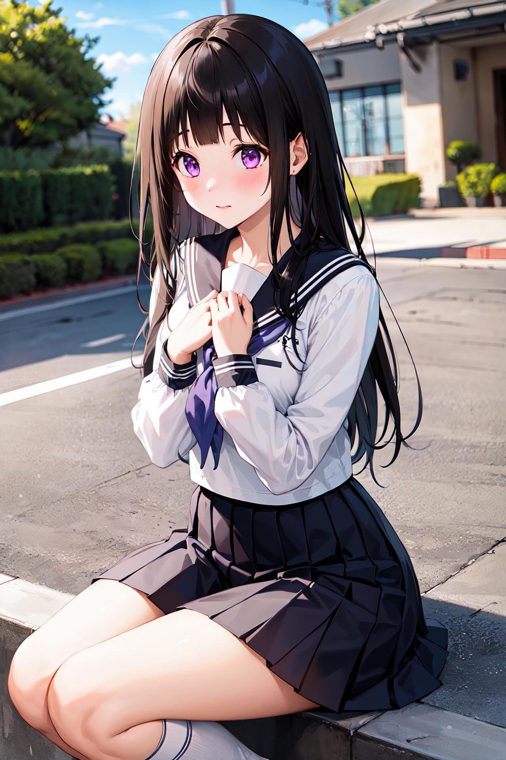 1girl, chitanda eru, long hair, black hair, school uniform, purple eyes, white shirt, white socks, pleated skirt, bangs, black sailor collar, neckerchief, black skirt, long sleeves, <lora:chitanda_eru_v10:0.6>, outdoors, hand on own chest, embarrassed, 