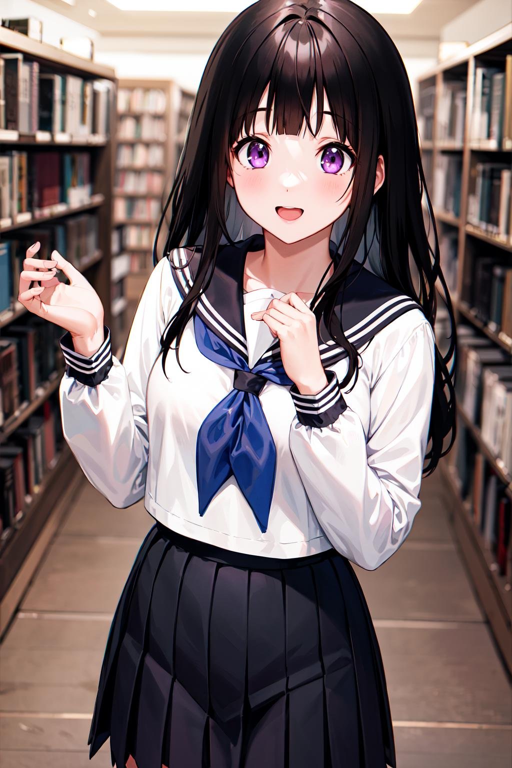 1girl, chitanda eru, long hair, black hair, school uniform, purple eyes, white shirt, white socks, pleated skirt, bangs, black sailor collar, neckerchief, black skirt, long sleeves, <lora:chitanda_eru_v10:0.6>, library, excited, hands up, cowboy shot,