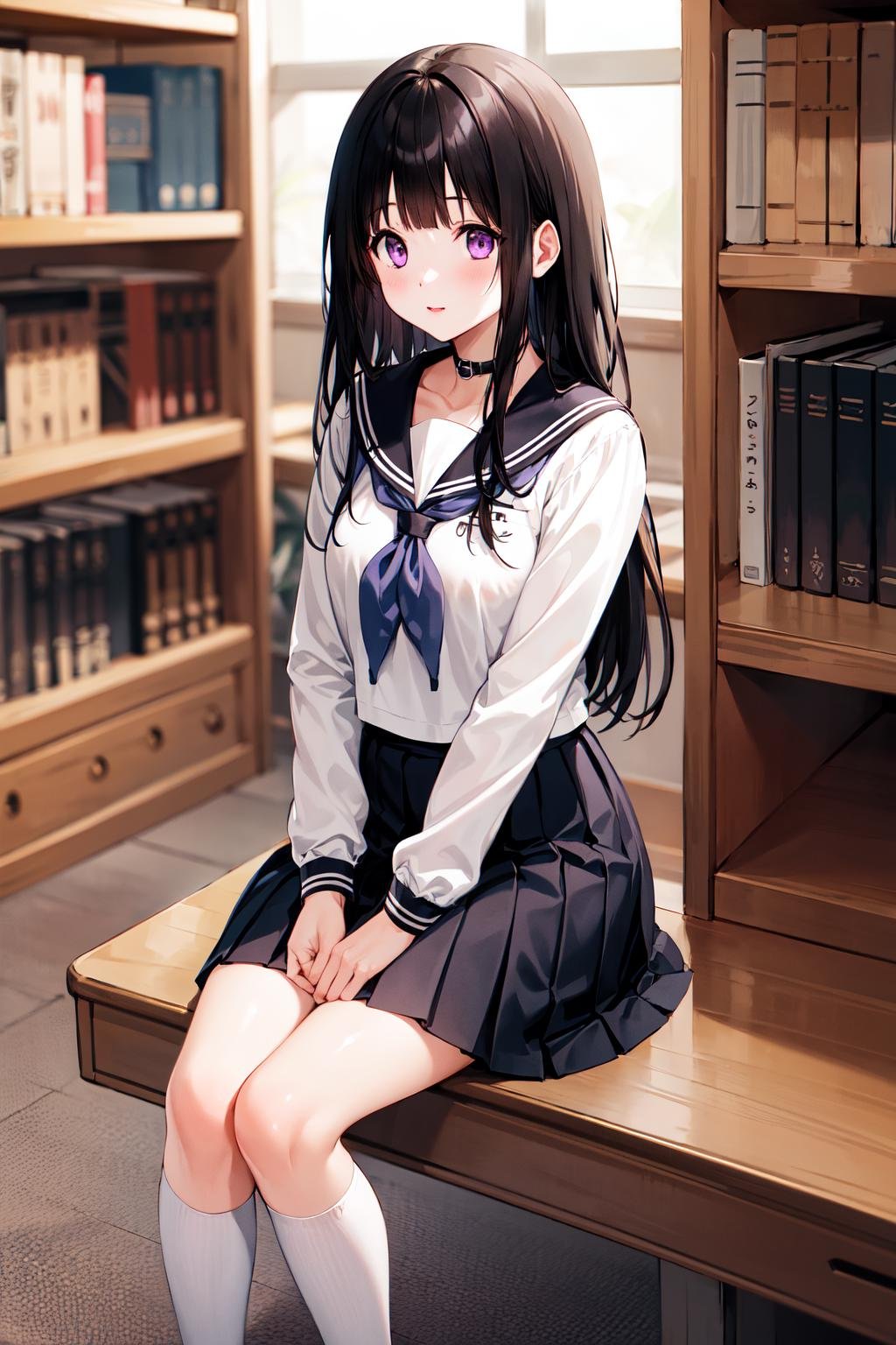 1girl, chitanda eru, long hair, black hair, school uniform, purple eyes, white shirt, kneehighs, white socks, pleated skirt, bangs, black sailor collar, neckerchief, black skirt, long sleeves, <lora:chitanda_eru_v10:0.6>, library, sitting,