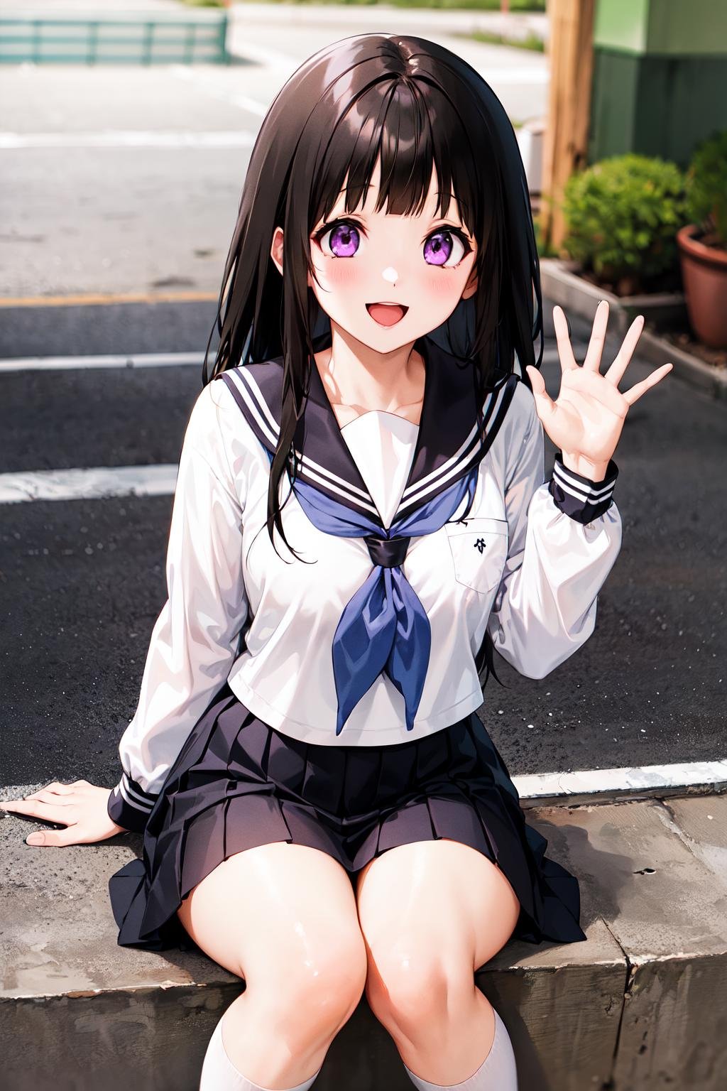 1girl, chitanda eru, long hair, black hair, school uniform, purple eyes, white shirt, white socks, pleated skirt, bangs, black sailor collar, neckerchief, black skirt, long sleeves, <lora:chitanda_eru_v10:0.7>, smile, waving, open mouth