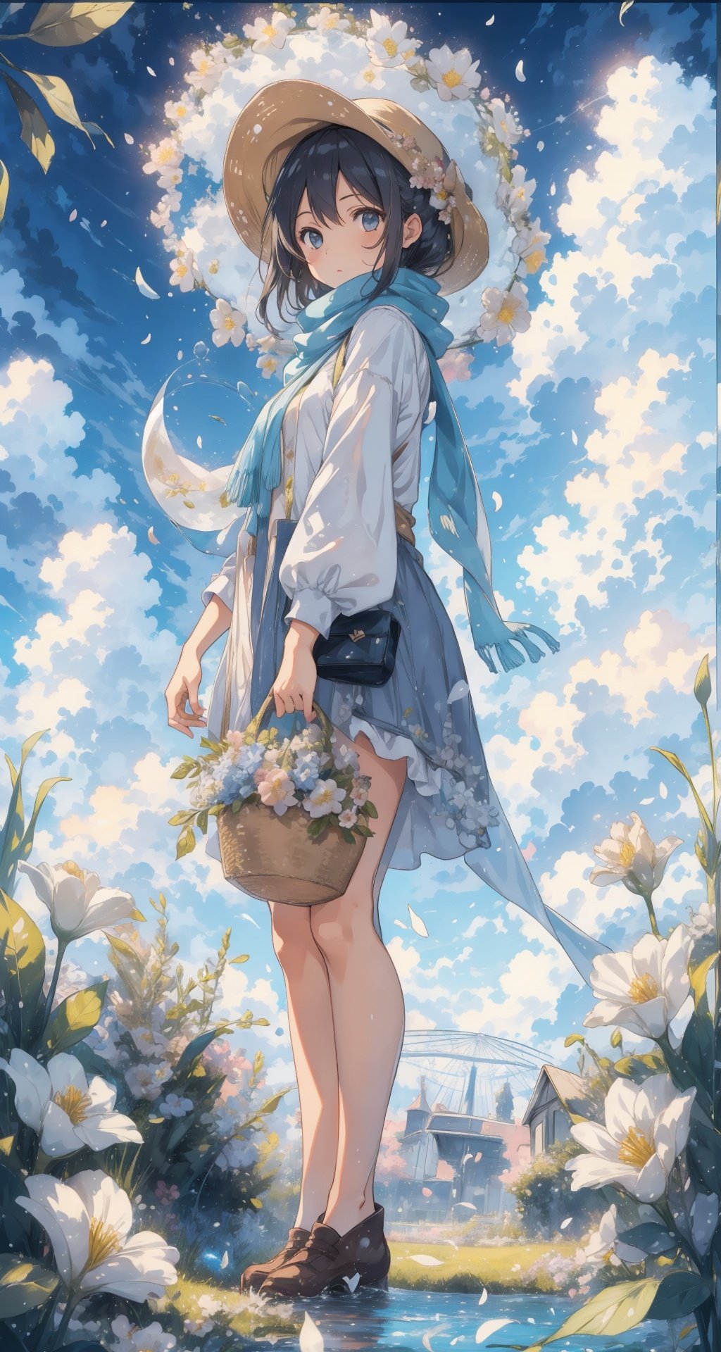 sky,1girl,cloud,outdoors,solo,hat,furry,grass,leaf,cloudy sky,petals,standing,scarf,no humans,Moon,at the bottom of the water,Bubble,many flowers,the background is a Ferris wheel, <lora:miji:1>