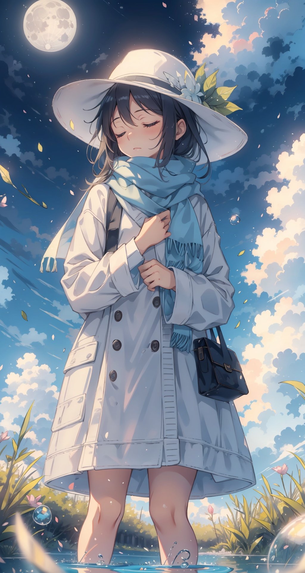 <lora:miji:0.95>sky,cloud,outdoors,solo,hat,furry,grass,leaf,closed eyes,cloudy sky,petals,standing,scarf,no humans,Moon,at the bottom of the water,Bubble,