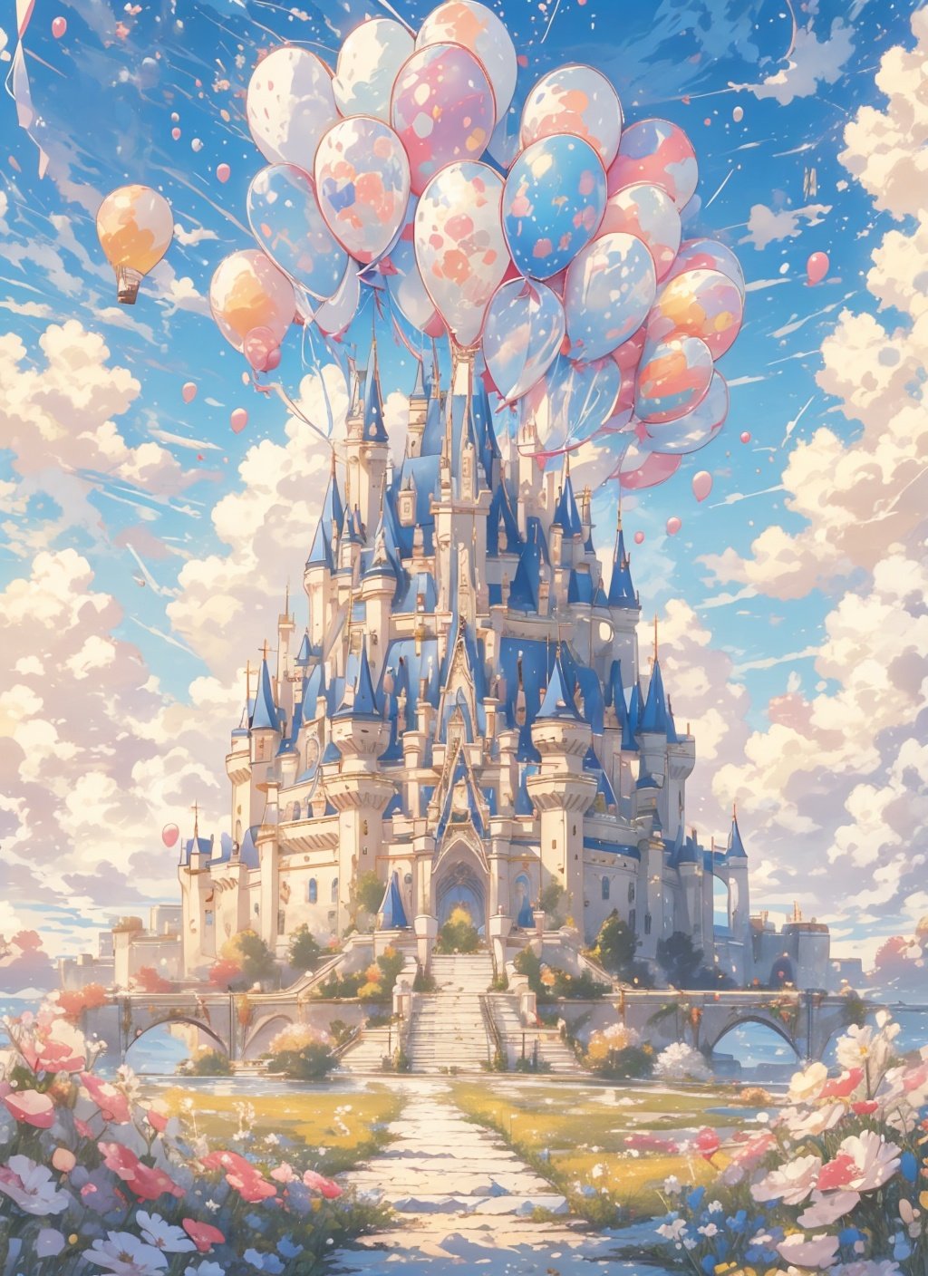 <lora:miji1-000048:1>miji, castle, sky, outdoors, cloud, scenery, no humans, flower, balloon, blue sky, day