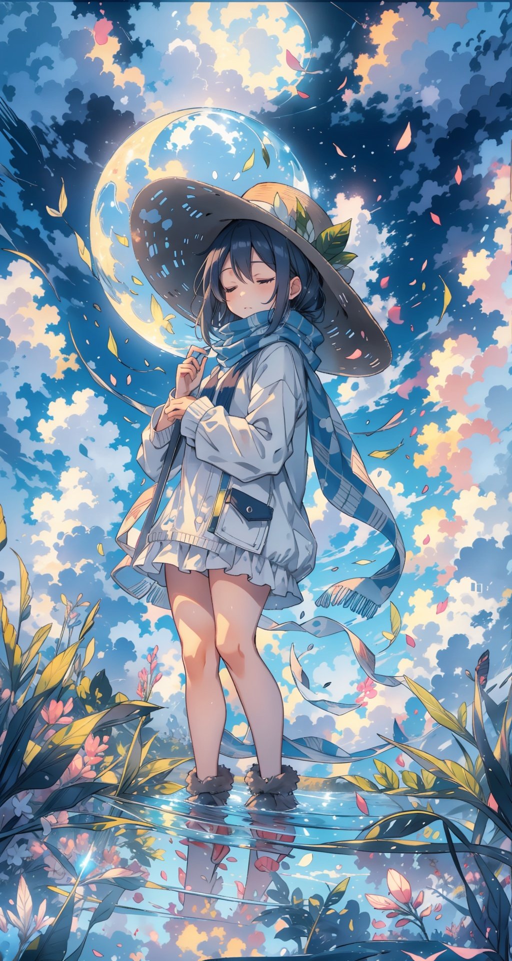 <lora:miji:1>sky,cloud,outdoors,solo,hat,furry,grass,leaf,closed eyes,cloudy sky,petals,standing,scarf,no humans,Moon,at the bottom of the water,Bubble,.