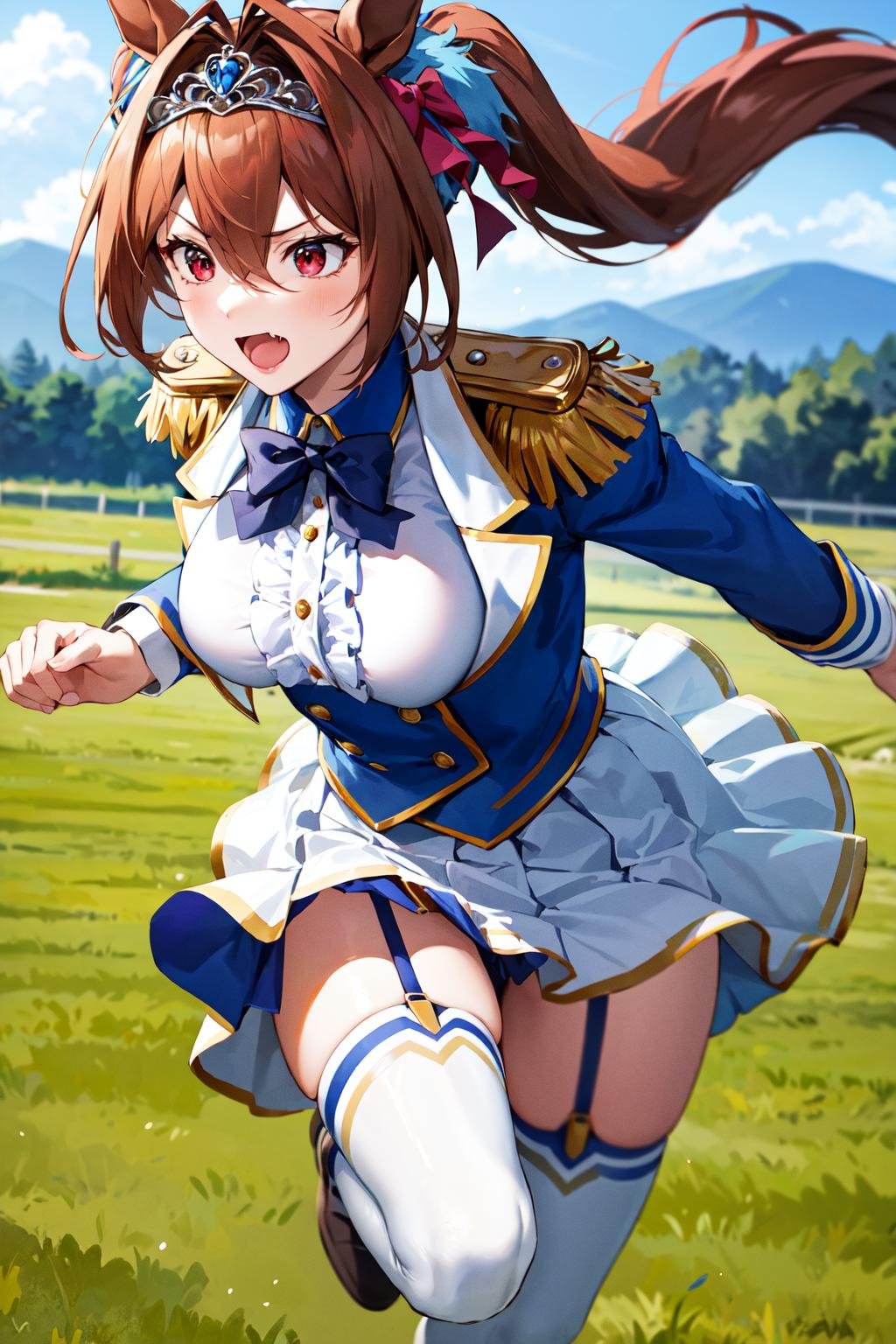 masterpiece, best quality, highres, 1girl, daiwa scarlet (umamusume), horse ears, long hair, twintails, tiara, horse tail, very long hair, brown hair, epaulettes, garter straps, long sleeves, large breasts, fang, red eyes, bowtie, bangs, puffy sleeves, blue jacket, white thighhighs, center frills, white shirt, hair between eyes, white skirt, blue skirt, hair bow,  <lora:daiwa_scarlet_v10:0.55>, (running:1.3), field, outdoors