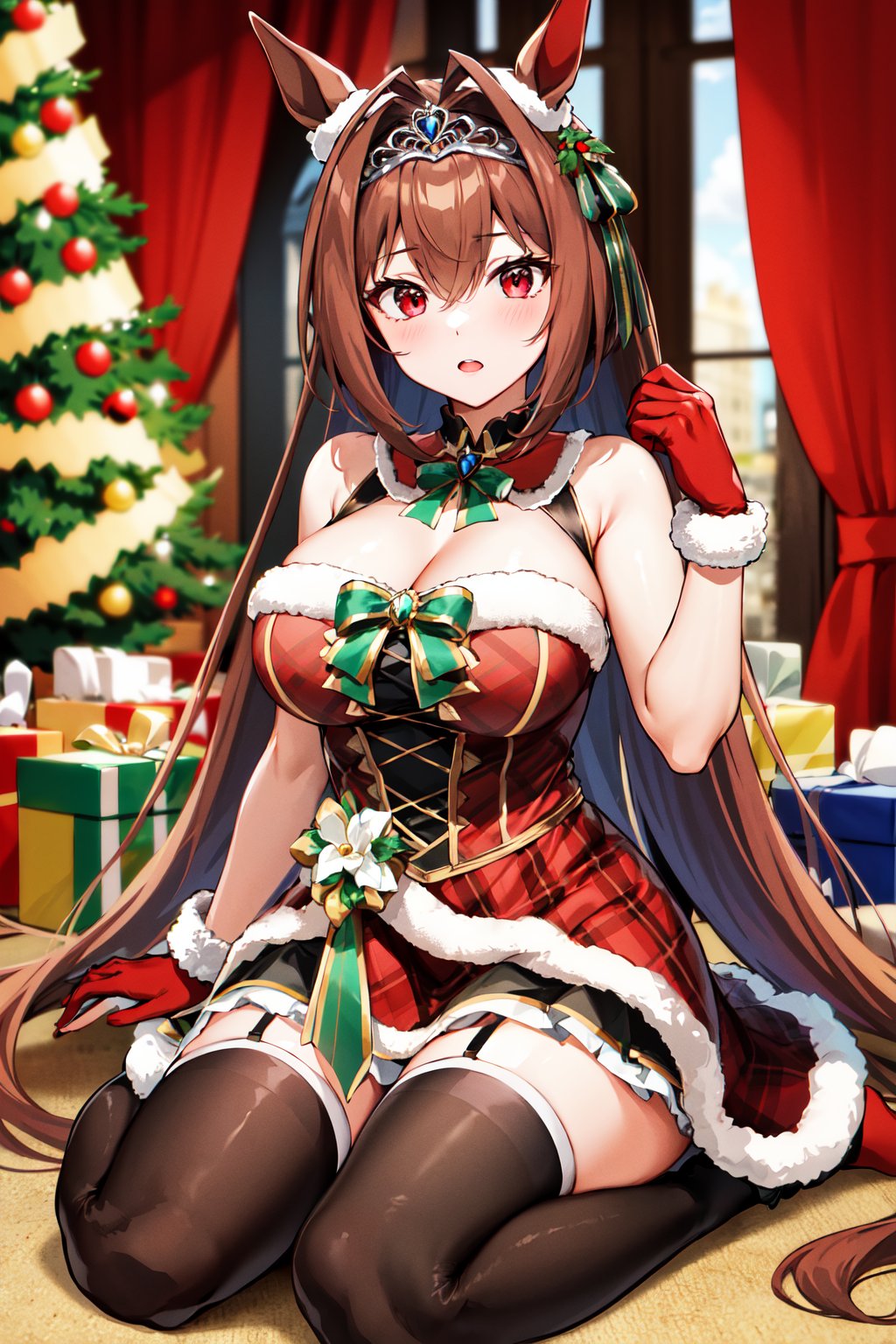 masterpiece, best quality, highres, 1girl, horse ears, solo, daiwa scarlet \(umamusume\), brown hair, red gloves, tiara, red dress, very long hair, black thighhighs, horse tail, sleeveless, red eyes, plaid dress, bangs, fur-trimmed dress, large breasts, sleeveless dress, bare shoulders, hair between eyes, large breasts, single ear cover, green ribbon, frills, <lora:daiwa_scarlet_v10:0.6>, room, wariza, christmas tree, christmas,