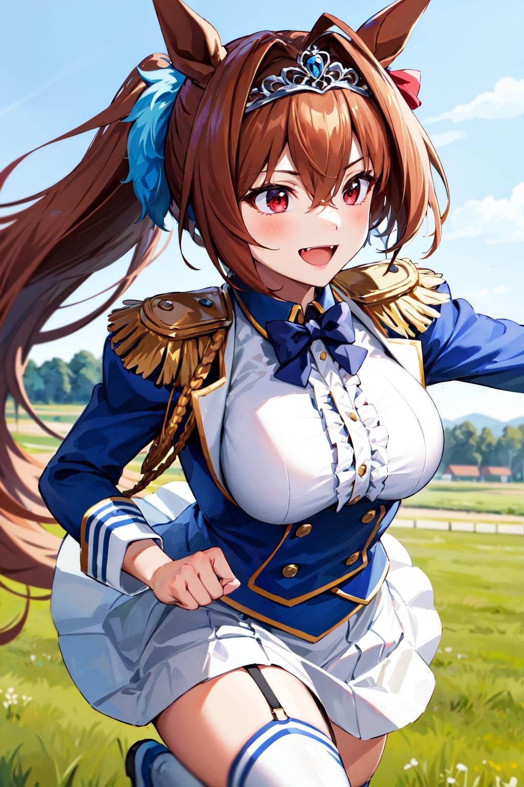 masterpiece, best quality, highres, 1girl, daiwa scarlet (umamusume), horse ears, long hair, twintails, tiara, horse tail, very long hair, brown hair, epaulettes, garter straps, long sleeves, large breasts, fang, red eyes, bowtie, bangs, puffy sleeves, blue jacket, white thighhighs, center frills, white shirt, hair between eyes, white skirt, blue skirt, hair bow,  <lora:daiwa_scarlet_v10:0.55>, (running:1.3), field, outdoors, smile, from side, 