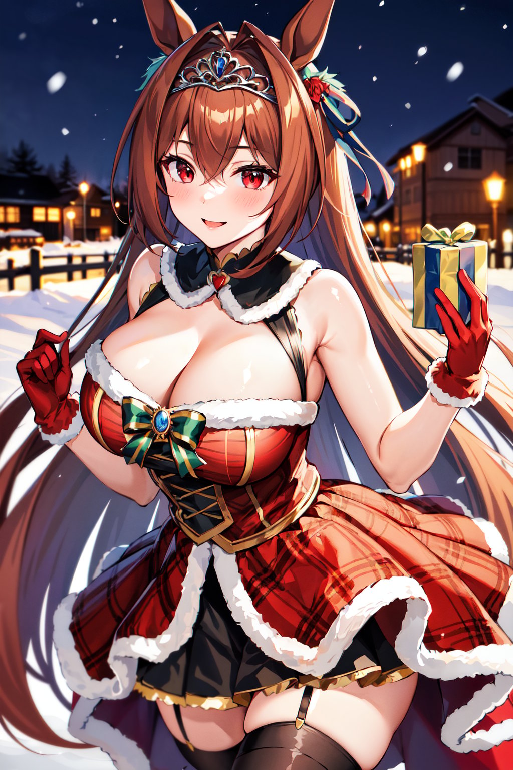 masterpiece, best quality, highres, 1girl, horse ears, solo, daiwa scarlet \(umamusume\), brown hair, red gloves, tiara, red dress, very long hair, black thighhighs, horse tail, cleavage, sleeveless, red eyes, plaid dress, bangs, fur-trimmed dress, large breasts, sleeveless dress, bare shoulders, hair between eyes, large breasts, single ear cover, green ribbon, frills, <lora:daiwa_scarlet_v10:0.55>, snow, embarrassed, smile, outdoors, night, holding gift, ,