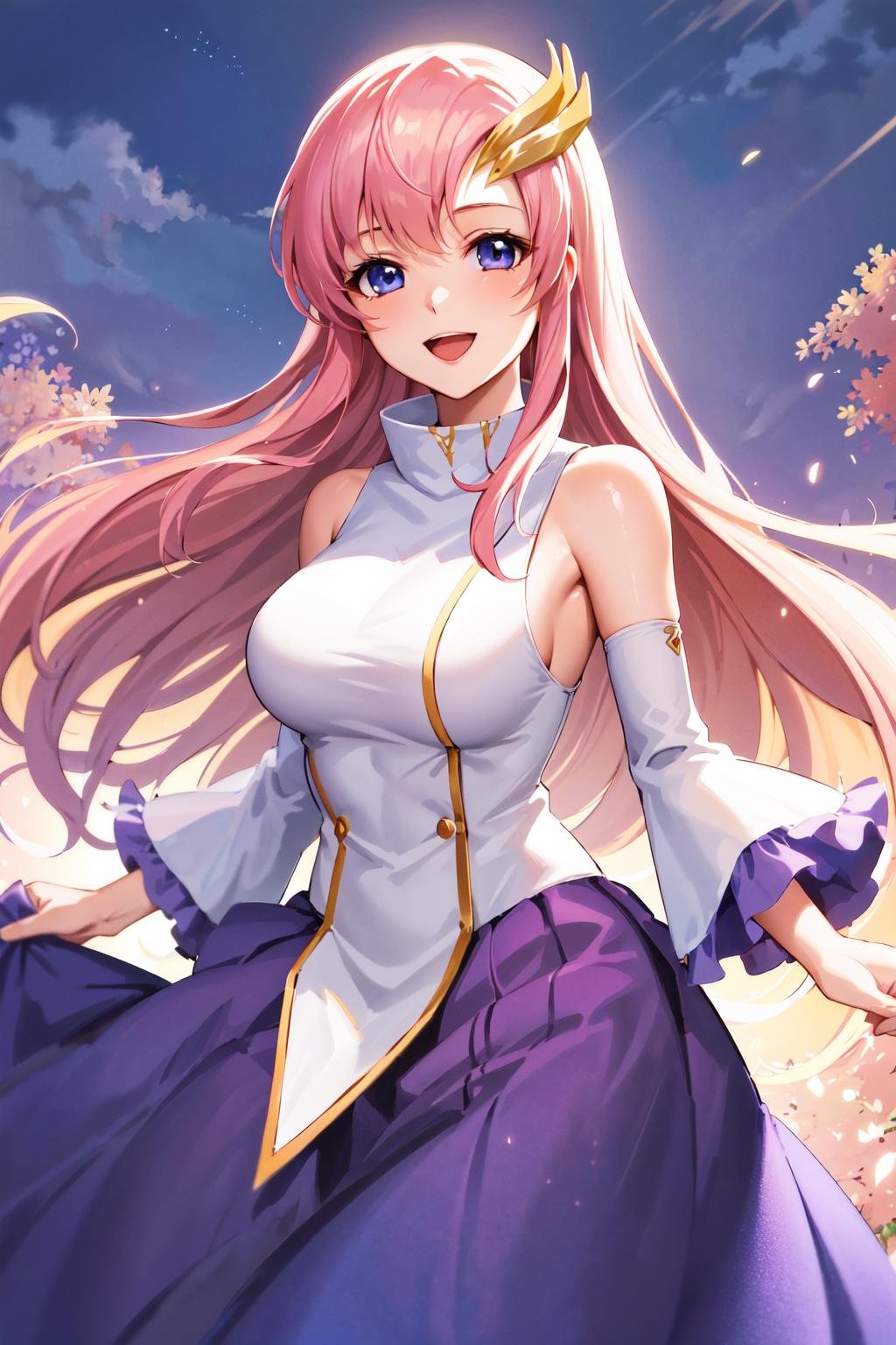 masterpiece, best quality, highres, anime, lacus1, 1girl, solo, lacus1, 1girl, solo, pink hair, straight hair, hair ornament, white detached sleeves, blue eyes, white dress, purple skirt, long skirt, very long hair, bare shoulders, large breasts, <lora:lacus_clyne_v10:0.6>, smile, open mouth, cowboy shot,