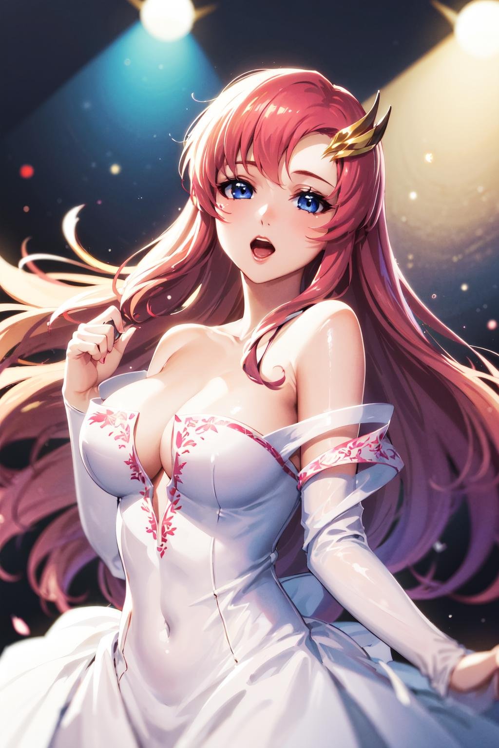 masterpiece, best quality, highres, anime, lacus4, 1girl, solo, long hair, dress, hair ornament, pink hair, cleavage, blue eyes, off-shoulder, white dress, large breasts, <lora:lacus_clyne_v10:0.6>, on the stage, singing,