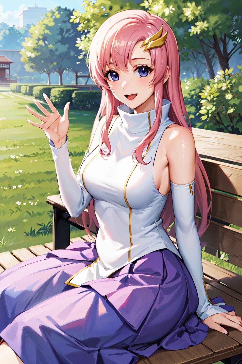 masterpiece, best quality, highres, anime, lacus1, 1girl, solo, lacus1, 1girl, solo, pink hair, straight hair, hair ornament, white detached sleeves, blue eyes, white dress, purple skirt, long skirt, very long hair, bare shoulders, large breasts, <lora:lacus_clyne_v10:0.6>, bench, smile, sitting, waving, open mouth