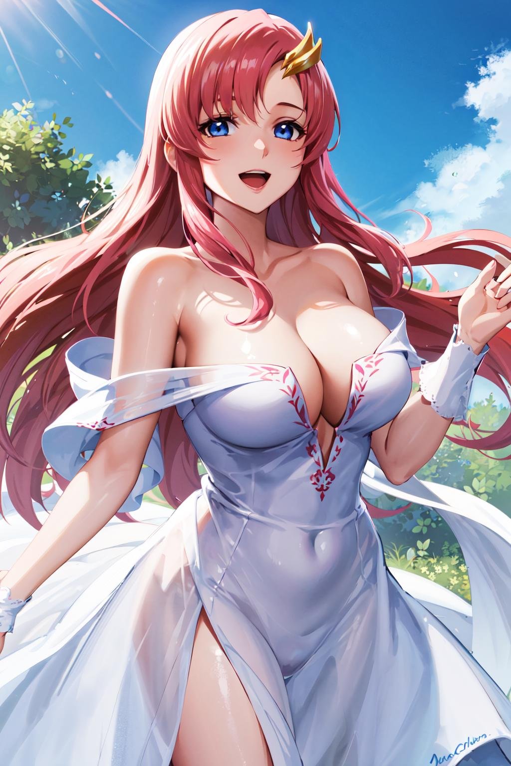 masterpiece, best quality, highres, anime, lacus4, 1girl, solo, long hair, dress, hair ornament, pink hair, cleavage, blue eyes, off-shoulder, white dress, large breasts, <lora:lacus_clyne_v10:0.6>, smile, cowboy shot, open mouth,