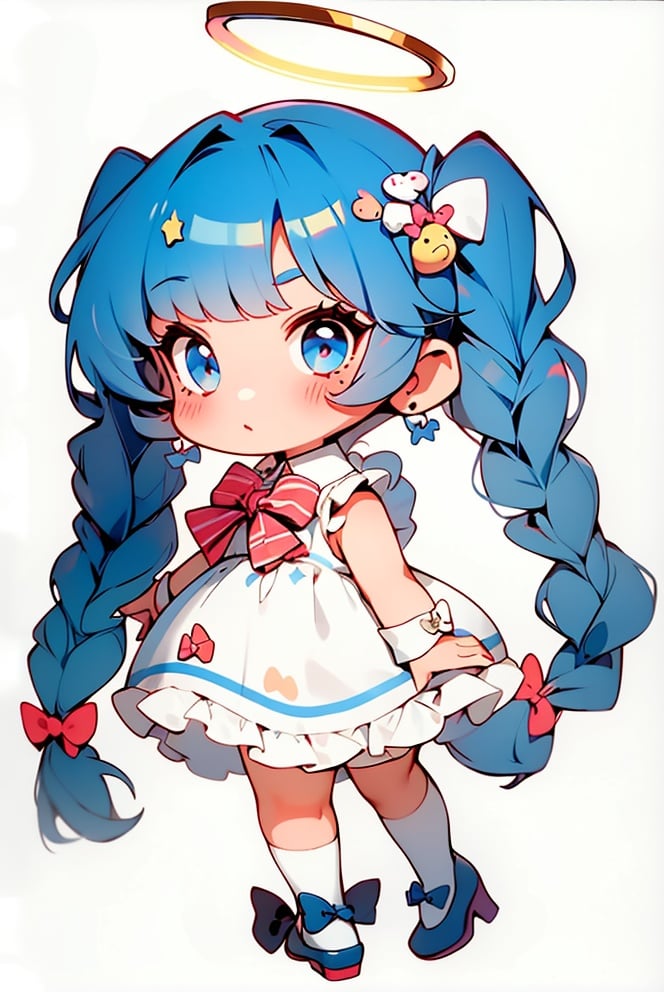 1girl, chibi,braid, dress, bow, solo, halo, blush, bangs, frills, twintails, ribbon, blue eyes, stuffed toy, long hair, white background, hair ornament, stuffed animal, full body, blue hair, looking at viewer, hair bow, white footwear, twin braids, high heels, very long hair, simple background, stuffed bunny, white bow