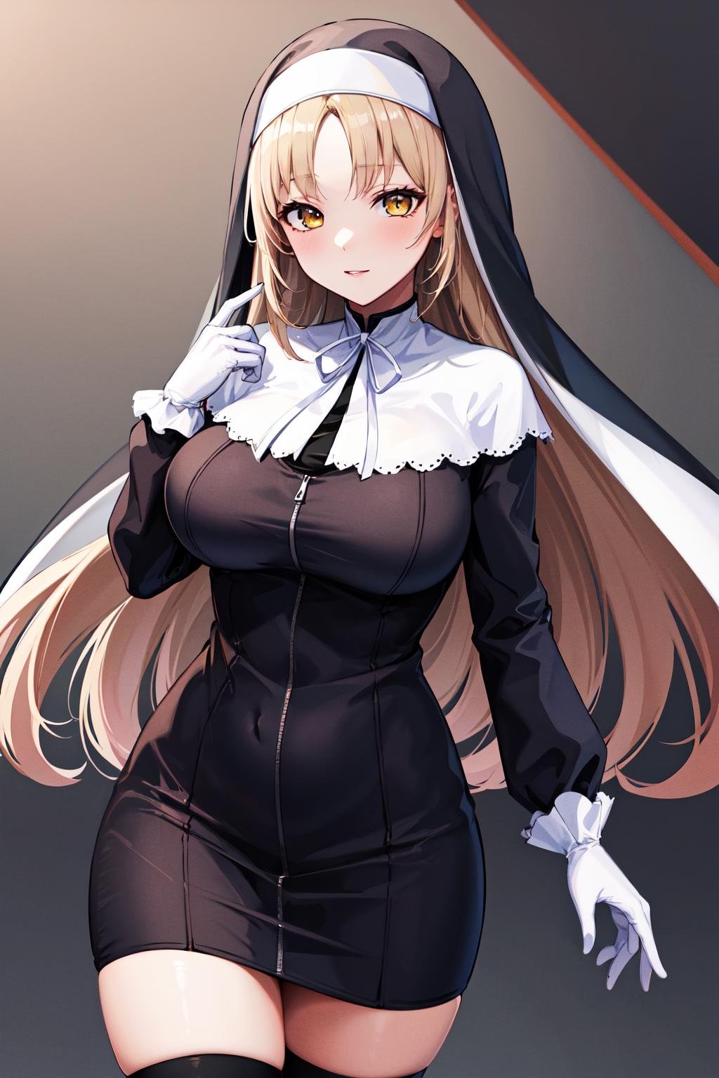 masterpiece, best quality, highres, clearire1, 1girl, sister cleaire, white capelet, full-length zipper, nun, long hair, white gloves, habit, kneehighs, black socks, long sleeves, black dress, yellow eyes, large breasts, parted bangs, long dress, ribbon, light brown hair, very long hair, blonde hair, <lora:sister_cleaire_v10:0.5>