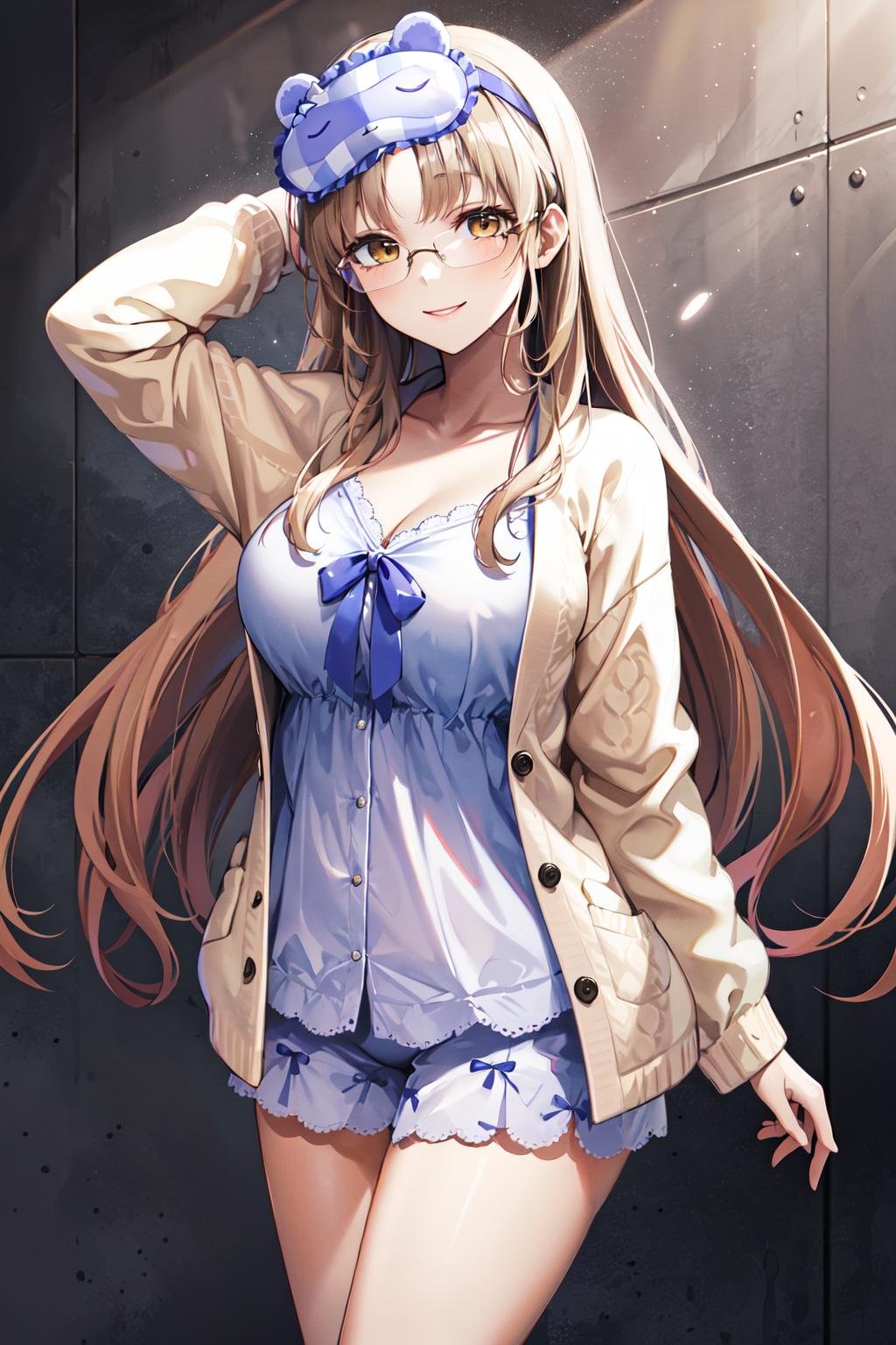 masterpiece,, best quality, highres, clearire3, sister cleaire, sleep mask, 1girl, solo, pajamas, long sleeves, open clothes, parted bangs, open cardigan, camisole, brown cardigan, yellow eyes, brown eyes, light brown hair, glasses, mask on head, very long hair, bare legs, large breasts, <lora:sister_cleaire_v10:0.6>, cowboy shot, smile,