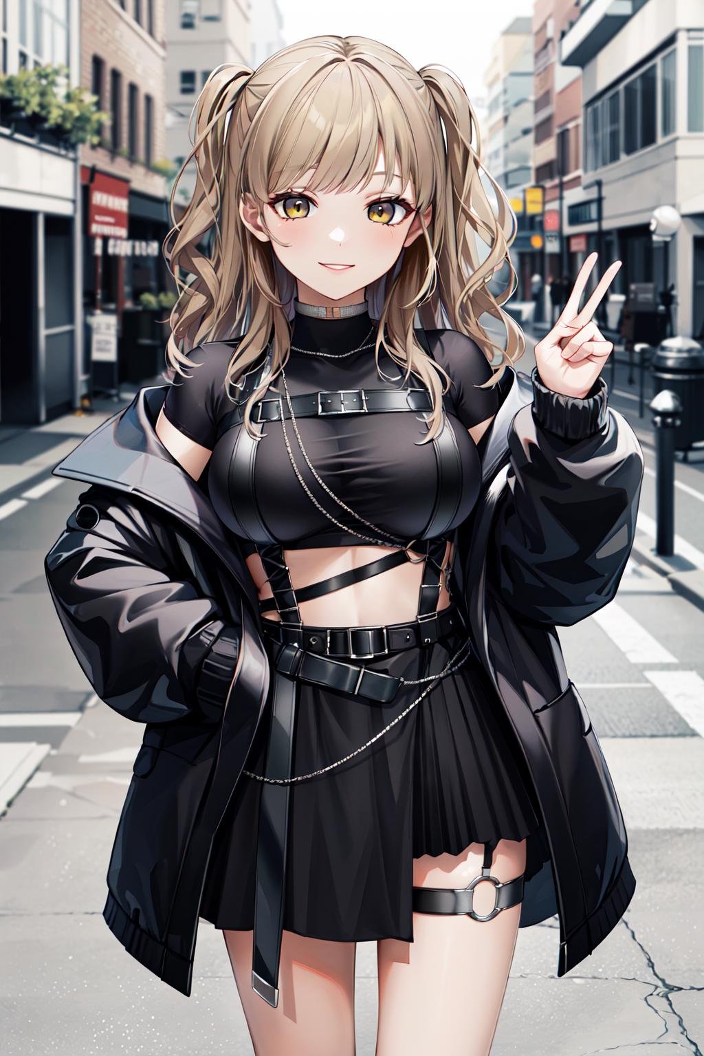 masterpiece, best quality, highres, clearire2, 1girl, sister cleaire, solo, long hair, open clothes, black skirt, black socks, long sleeves, chest harness, open jacket, black shirt, two side up, black jacket, bangs, crop top, miniskirt, belt, harness, o-ring, midriff, light brown hair, yellow eyes, off shoulder, large breasts, thigh strap, pleated skirt, suspenders, brown eyes, cropped shirt, <lora:sister_cleaire_v10:0.6>, street, standing, hand on hip, smile,