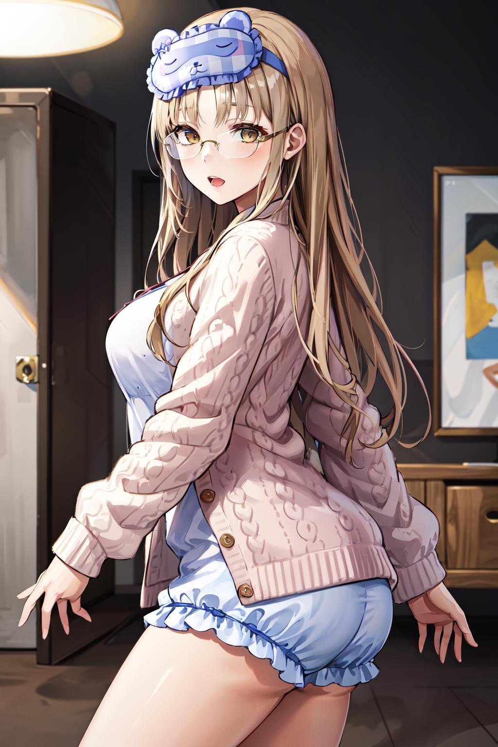 masterpiece,, best quality, highres, clearire3, sister cleaire, sleep mask, 1girl, solo, pajamas, long sleeves, open clothes, parted bangs, open cardigan, camisole, brown cardigan, yellow eyes, brown eyes, light brown hair, glasses, mask on head, very long hair, bare legs, large breasts, <lora:sister_cleaire_v10:0.6>, ass. from side,