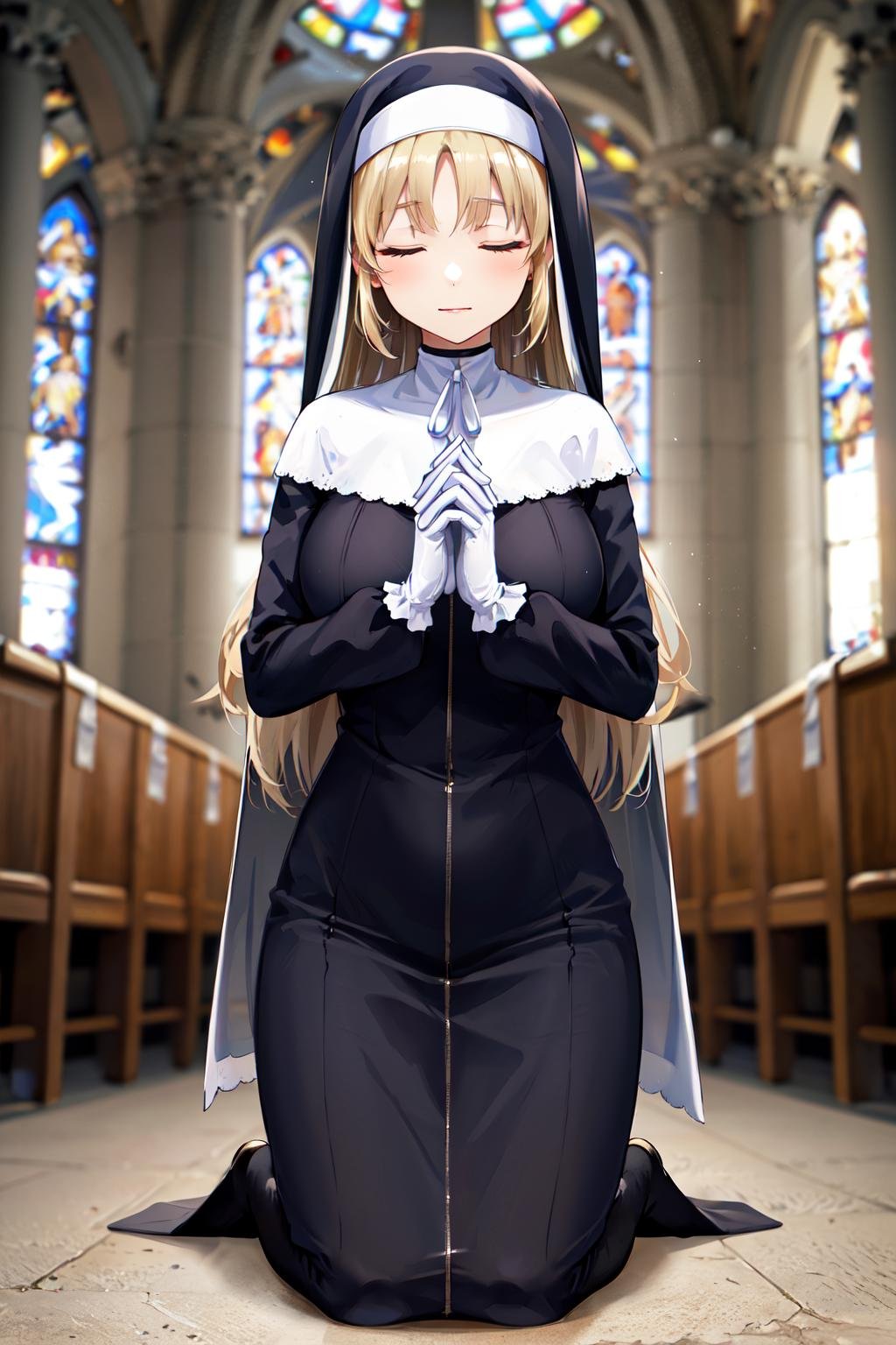 masterpiece, best quality, highres, clearire1, 1girl, sister cleaire, white capelet, full-length zipper, nun, long hair, white gloves, habit, kneehighs, black socks, long sleeves, black dress, large breasts, parted bangs, long dress, ribbon, light brown hair, very long hair, blonde hair, <lora:sister_cleaire_v10:0.6>, church, closed eyes, praying, kneeling, own hands together, 