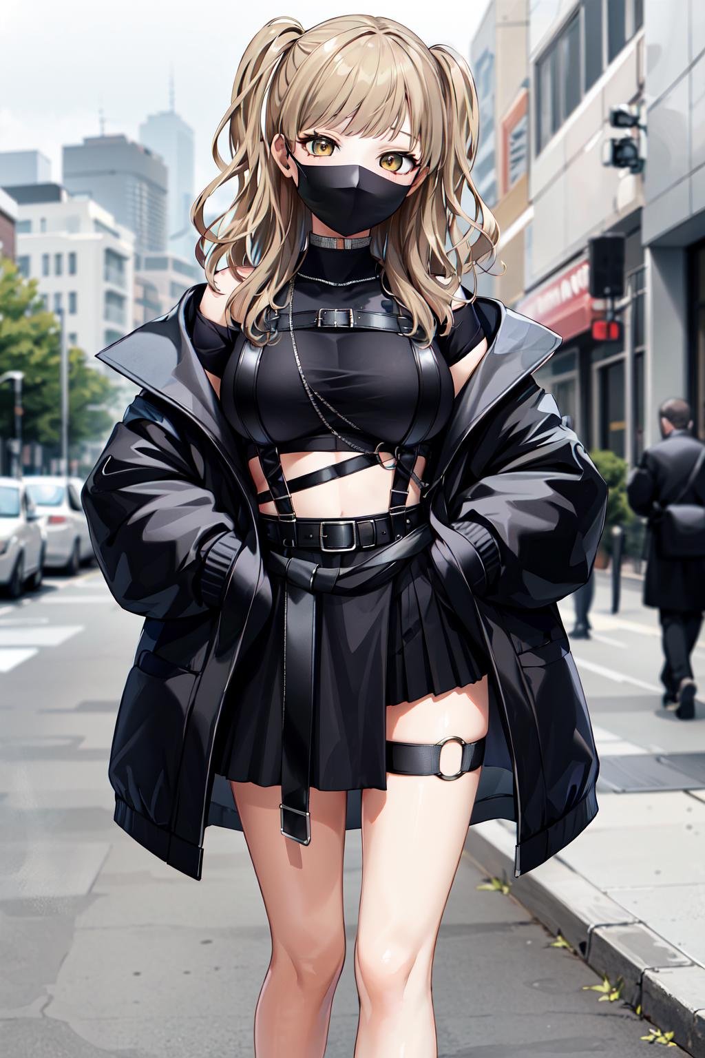 masterpiece, best quality, highres, clearire2, 1girl, sister cleaire, solo, long hair, open clothes, black skirt, black socks, long sleeves, chest harness, open jacket, black shirt, two side up, black jacket, bangs, crop top, miniskirt, belt, harness, o-ring, midriff, light brown hair, yellow eyes, off shoulder, large breasts, thigh strap, pleated skirt, suspenders, brown eyes, cropped shirt, <lora:sister_cleaire_v10:0.6>, street, mask, standing, hand in pocket, 