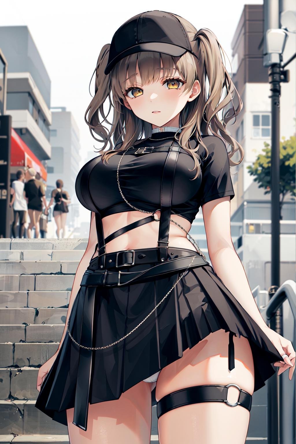 masterpiece, best quality, highres, clearire2, 1girl, sister cleaire, solo, long hair, open clothes, black skirt, black socks, short sleeves, chest harness, black shirt, two side up, bangs, crop top, miniskirt, belt, harness, o-ring, midriff, light brown hair, yellow eyes, large breasts, thigh strap, pleated skirt, suspenders, brown eyes, cropped shirt, <lora:sister_cleaire_v10:0.6>, street, cap, mask, (from below:1.3), (white panties:1.2)