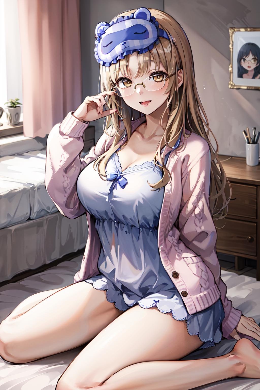 masterpiece,, best quality, highres, clearire3, sister cleaire, sleep mask, 1girl, solo, pajamas, long sleeves, open clothes, parted bangs, open cardigan, camisole, brown cardigan, yellow eyes, brown eyes, light brown hair, glasses, mask on head, very long hair, bare legs, large breasts, <lora:sister_cleaire_v10:0.6>, smile, wariza, bed, open mouth,