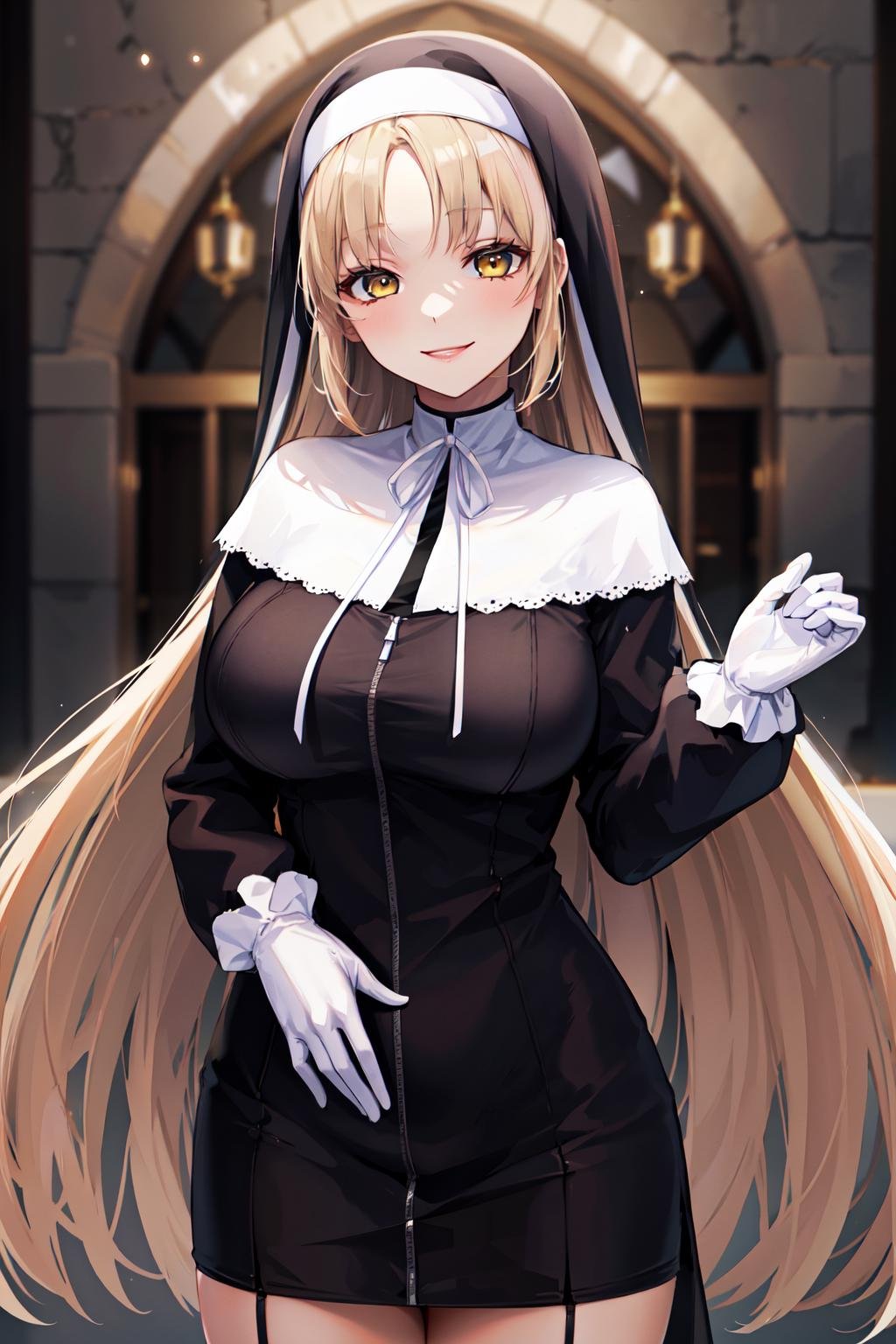 masterpiece, best quality, highres, clearire1, 1girl, sister cleaire, white capelet, full-length zipper, nun, long hair, white gloves, habit, kneehighs, black socks, long sleeves, black dress, yellow eyes, large breasts, parted bangs, long dress, ribbon, light brown hair, very long hair, blonde hair, <lora:sister_cleaire_v10:0.6>, smile,