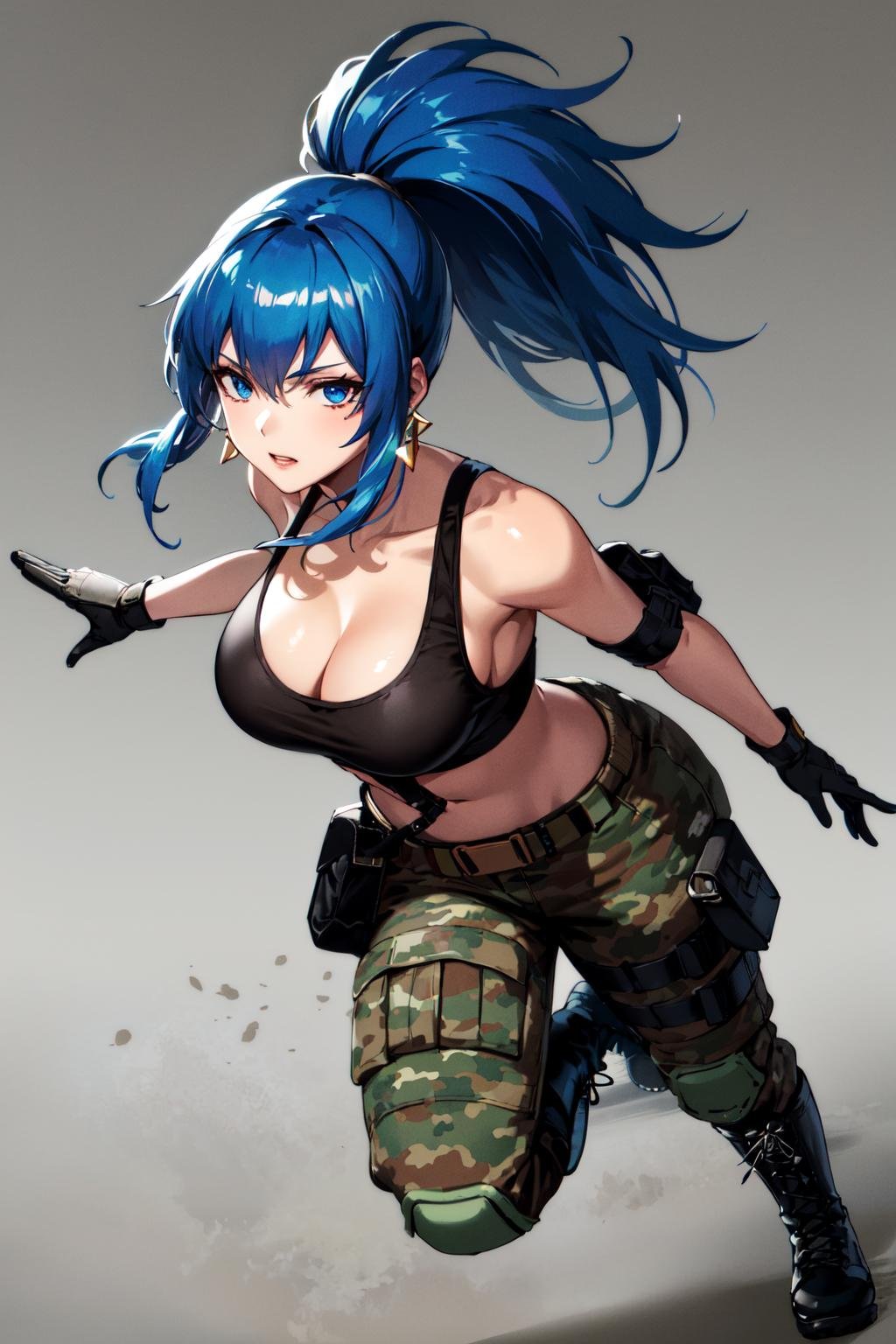 masterpiece, best quality, highres, 1girl, leona heidern, solo, blue eyes, blue hair, ponytail, tank top, camouflage pants, jewelry, boots, cleavage, camouflage, bare shoulders, large breasts, crop top, pouch, bangs, belt, earrings, sleeveless, combat boots, midriff, long hair, military, triangle earrings, black gloves, <lora:leona_heidern_v10:0.6>, dynamic pose, 