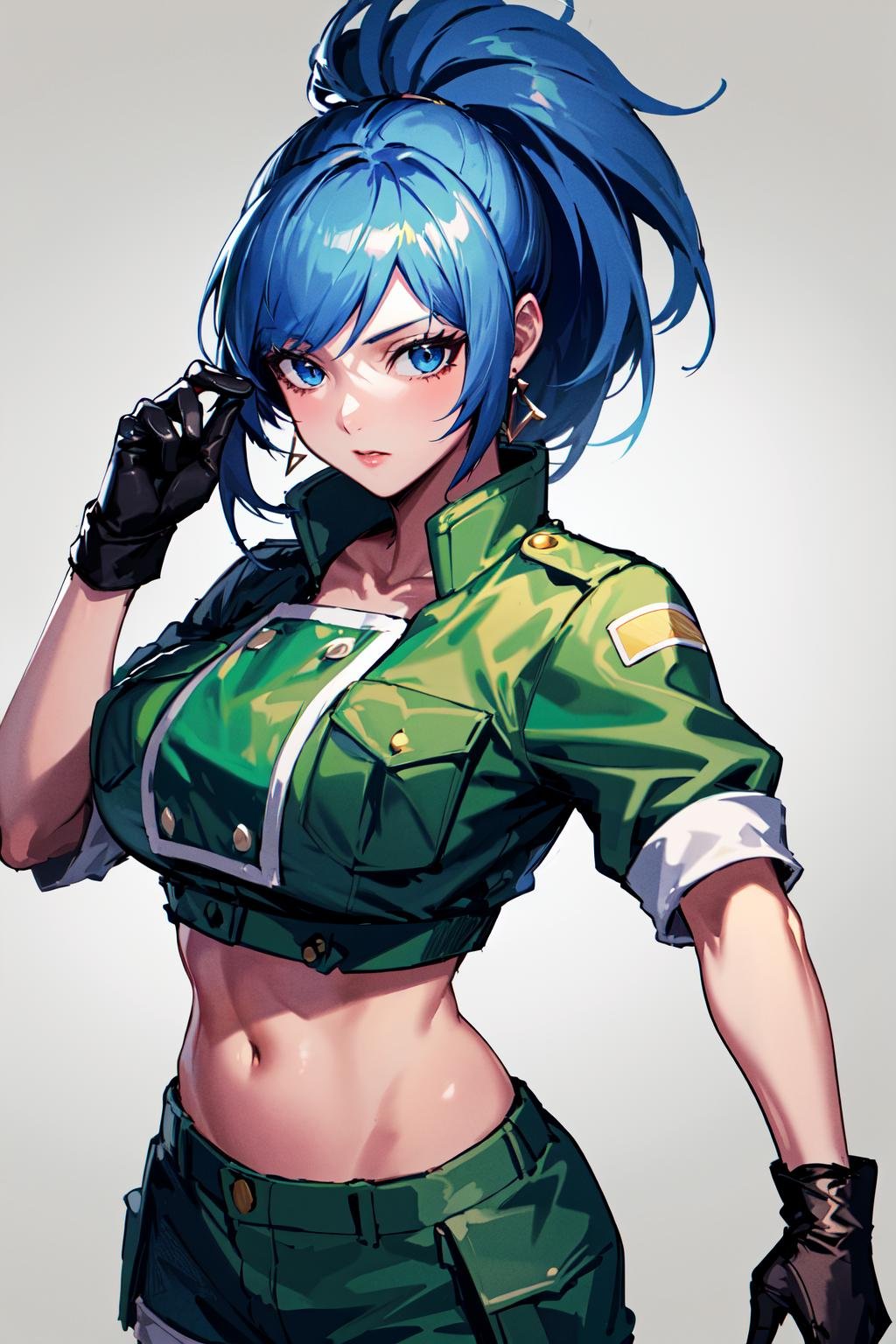 masterpiece,, best quality, highres, 1girl, leona heidern, blue hair, blue eyes, ponytail, green shorts, midriff, crop top, black gloves, breasts, military uniform, green jacket, earrings, jewelry, navel, large breasts, <lora:leona_heidern_v10:0.6>, cowboy shot,