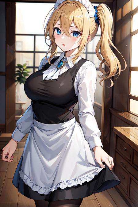 masterpeace, best quality, highres, 1girl, hayasaka ai, solo, blonde hair, maid, blue eyes, side ponytail, hair scrunchie, hair ornament, blue scrunchie, maid headdress, apron, hair between eyes, breasts, long sleeves, bangs, white shirt, black dress, sidelocks, maid apron, black pantyhose,  <lora:hayasaka_ai_v10:0.6>, cowboy shot,