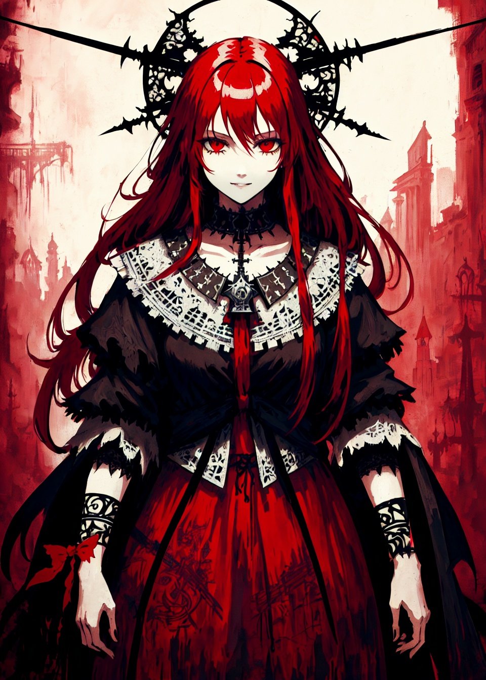 ashenhard style,ultra-detailed,highres,intricate detail,(best quality:1.2),(masterpiece:1.2),wallpaper,illustration,original,1girl,solo,upper body,red bow,smile,eyeliner,long hair, red hair,bangs,hair between eyes,simple background