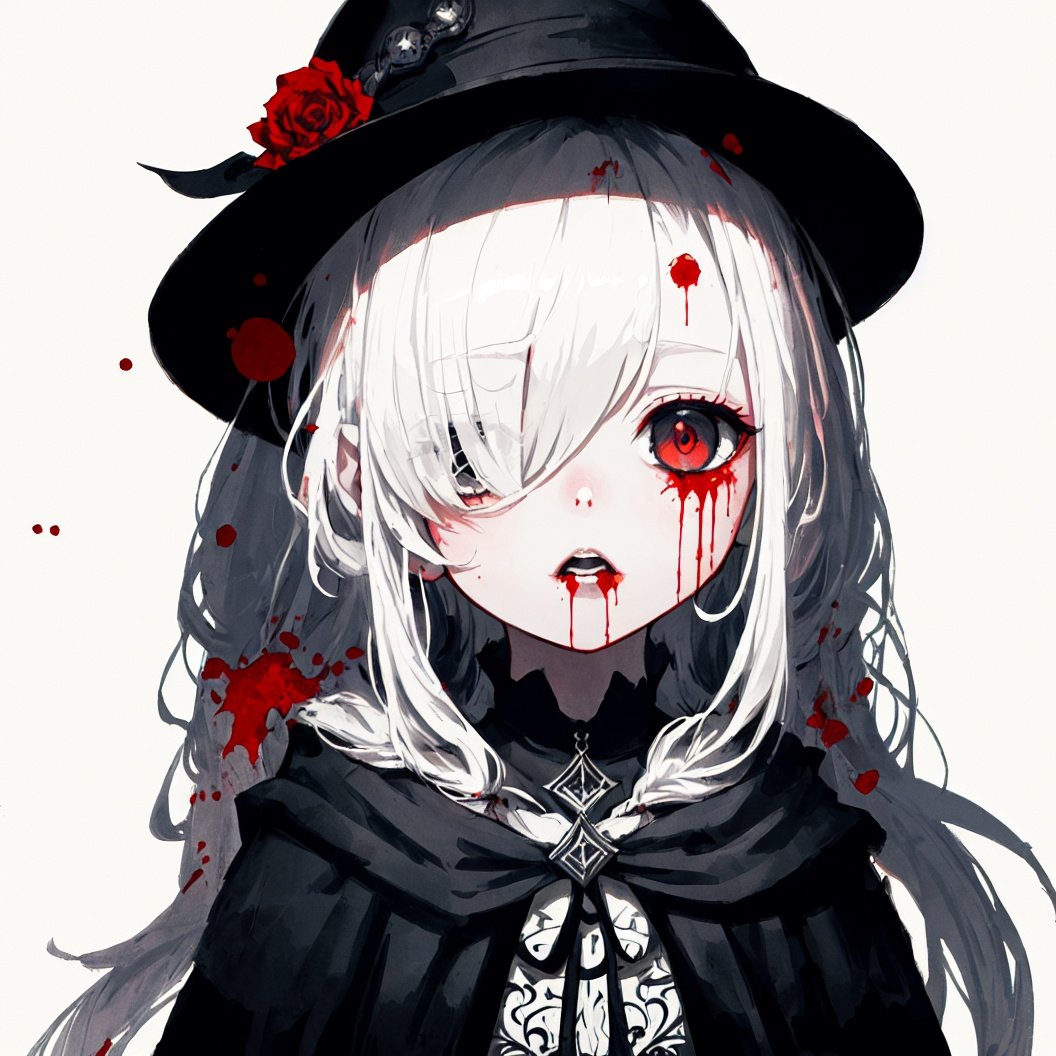 ashenhard style,ultra-detailed,highres,intricate detail,(best quality:1.2),(masterpiece:1.2),extremely detailed CG unity 8k wallpaper,illustration,original,(chibi:1.2),1girl,vampire,solo,full bodys,cbandage over one eye,white skin,twintails,blood in hair,simple background,