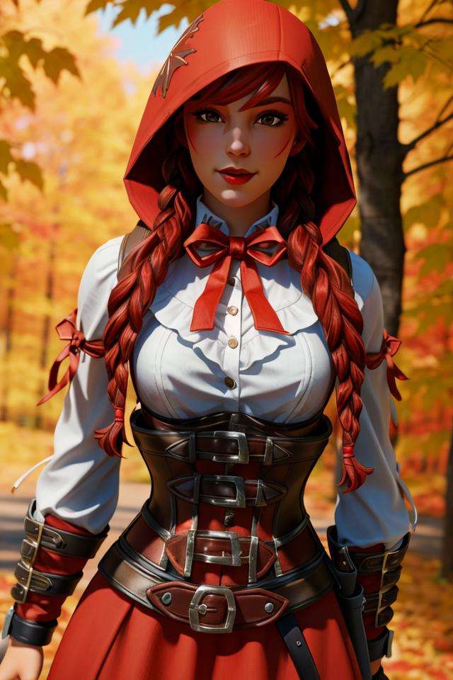 <lora:Fable:0.65>, 1girl, xyzfable, twin braids, red hair, red riding hood, belts, corset, portrait, closeup