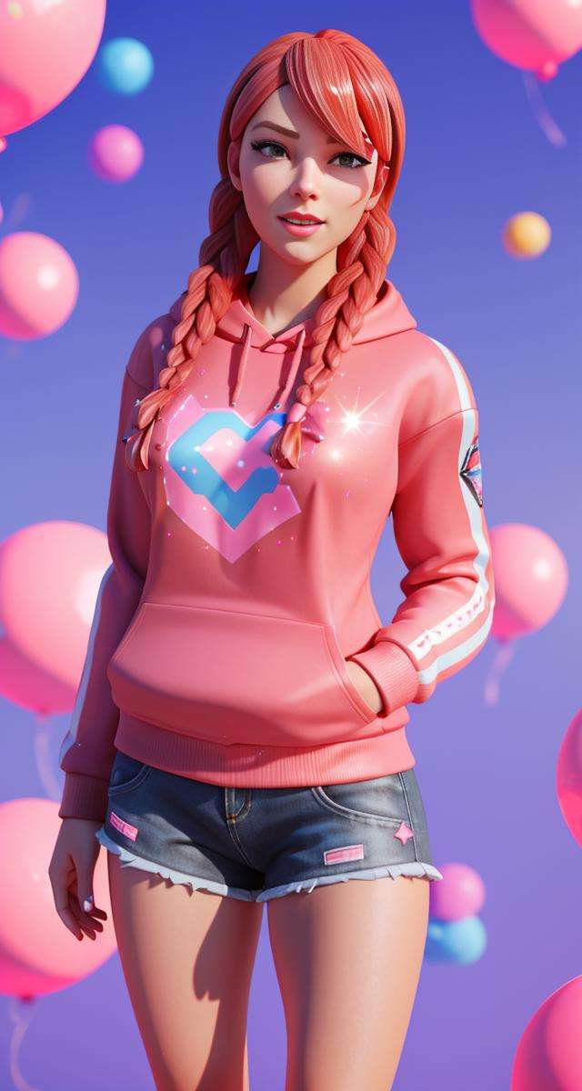 <lora:Fable:0.65>, 1girl, xyzfable, 3d render, twin braids, red hair, sfw, bubblegum, sprinkles, shorts, hoodie, closeup, pockets, sparkles, stripes