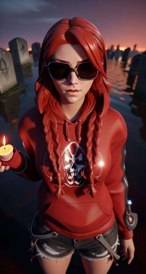 <lora:Fable:0.65>, 1girl, xyzfable, twin braids, red hair, sunglasses, sfw, 3d render, octane render, red hoodie, leaning, portrait, ghastly, candles, nightmare, graveyard, night, clouds, gloom, submerged, water, close up, shorts, floating skulls, symmetrical, evil