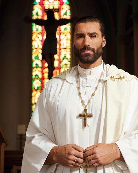 portrait of gigachad, as a (priest:1.3),in a church, white robes, muscular, (holy cross locket:1.1), 8k uhd, dslr, high quality, film grain, Fujifilm XT3 <lora:Gigachadv1:0.8>