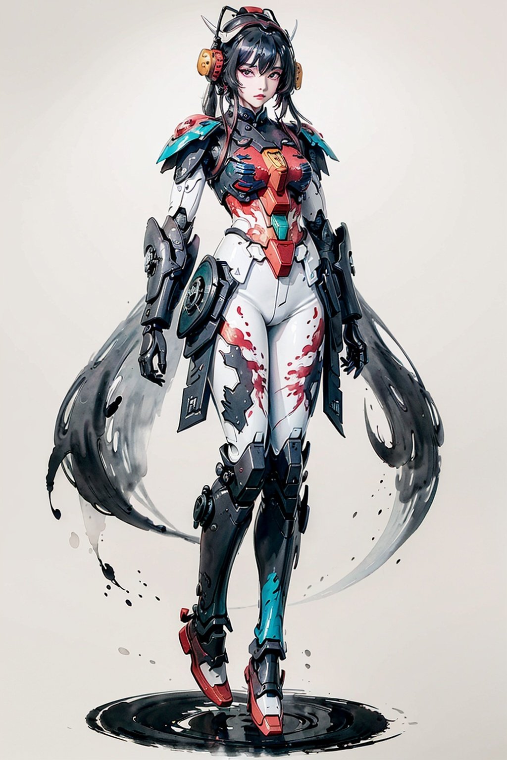 (Chinese ink painting:1.6),(1girl:1.3),(Red/Blue/Pink/White/Black/Cyan/Purple Mech:1.1),(gundam:1.1),highly realistic,glassy translucence,Splashed ink,(full_body:1.3),(Ink Taiji Diagram:1.1),