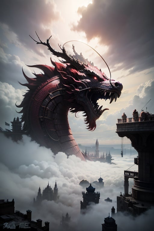 <lora:zhongguolong-000005:0.8>zhongguolong，, red,black,pink castle in the sky,above the clouds,magnificent,palace,machine castle,mechanical,engine style,steampunk,futuristic,cyberpunk