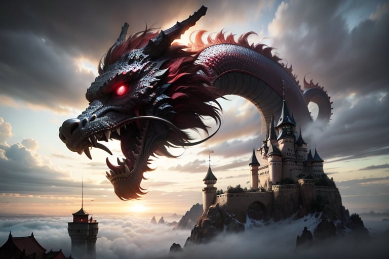 <lora:zhongguolong-000005:0.8>zhongguolong，, red,black,pink castle in the sky,above the clouds,magnificent,palace,machine castle,mechanical,engine style,steampunk,futuristic,cyberpunk