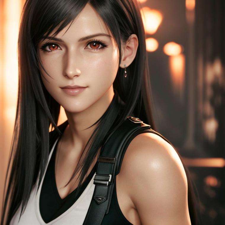 highly detailed photo of Tifa Lockhart posing, final fantasy 7 remake, red eyes, intricate, highres, 8k, detailed hair, detailed skin, masterpiece, very long hair,  award-winning photography, sharp focus, dramatic lighting, unreal engine 5, full body shot <lora:tifa lockhart:0.5>, 