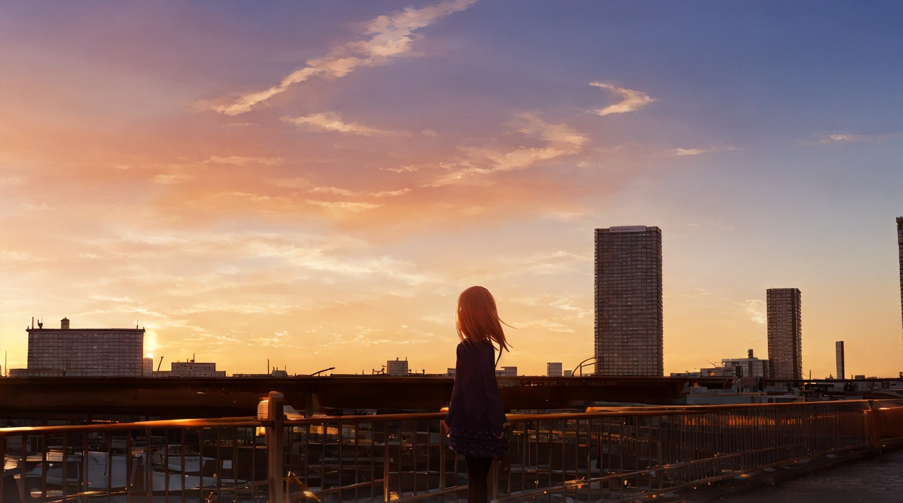 a large city,sunset, 8k,HDR,wallpaper,{an extremely delicate and beautiful girl}, 8k wallpaper, {{{masterpiece}}}