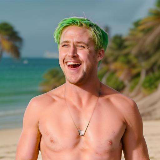 photo of ohwx man laughing, green hair, sunny beach, topless <lora:Ryan_gosling_no_classimg:1>