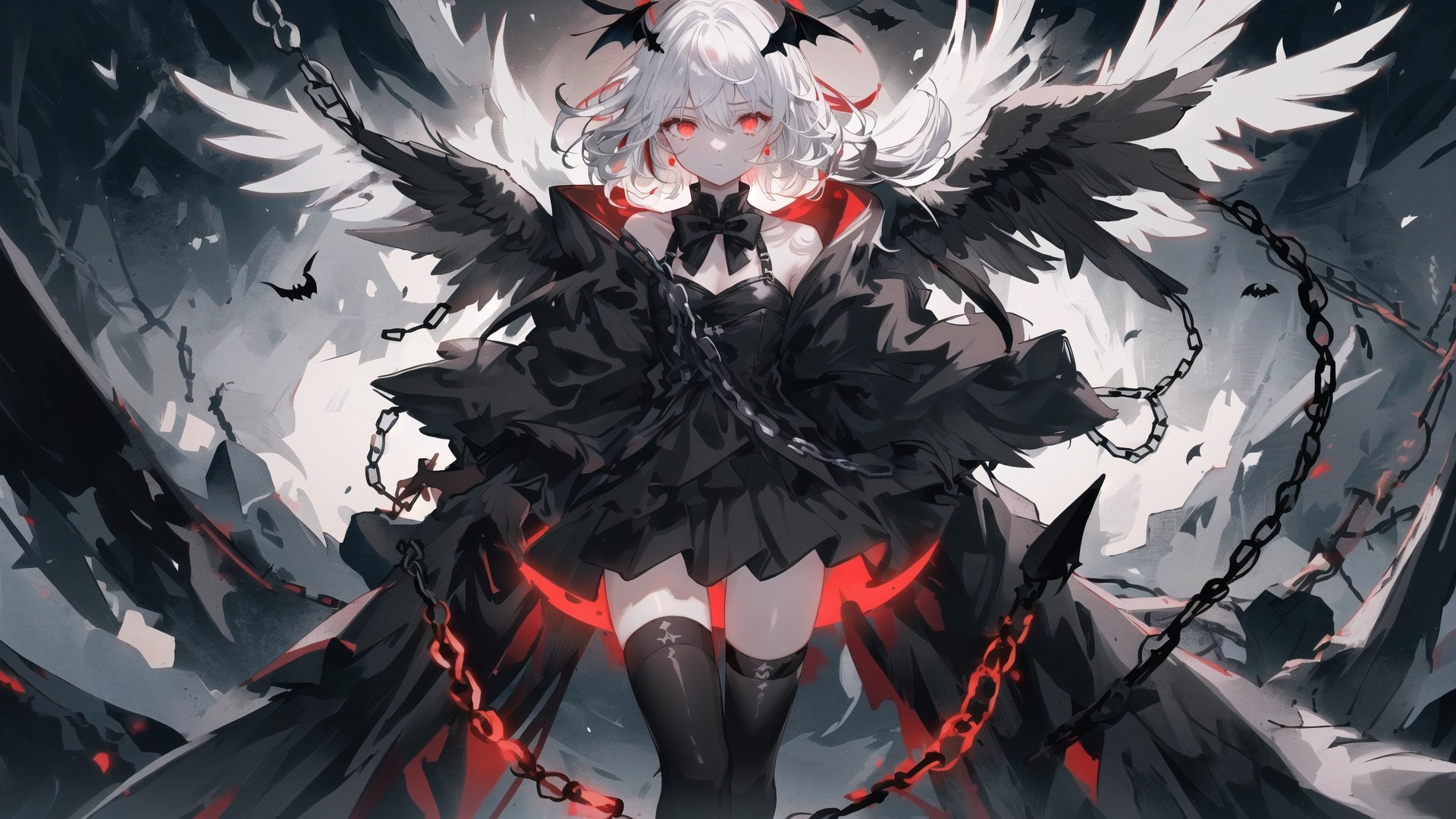 masterpiece,best quality,illustration,extremely detailed CG unity 8k,cowboy shot,contour deepening beautiful detailed glow,(black theme:1.3),portrait,(1 girl:1.4),angel,(((black)) angel wings),full body,floating in sky, (white hair:1.2),blackstreaked hair,Beautiful and detailed black, (((black)) Wings:1.3),(beautiful detailed red eyes), black expressionless, beautiful detailed white gloves, (crow), bat,long disheveled hair, long bangs, hairs between eyes, black knee-highs, black ribbon, white bowties,((Black fog)), Red eyes, (black smoke), ((Black feathers floating in the air)),(((chains))),(anklet),(lock),(leg lock),cross-laced footwear,(backlighting),((glowing eyes))dark sky,Floating black ashes, ((The black clouds)),a black cloudy sky,(red moon:1.3)<lora:Ask_v2:0.2> <lora:米山舞_v2:0.2> <lora:lightAndShadow_v10:0.2> ,<lora:BondageOutfitV1 (1):0.4>BONDAGE_OUTFITDOMINATRIX