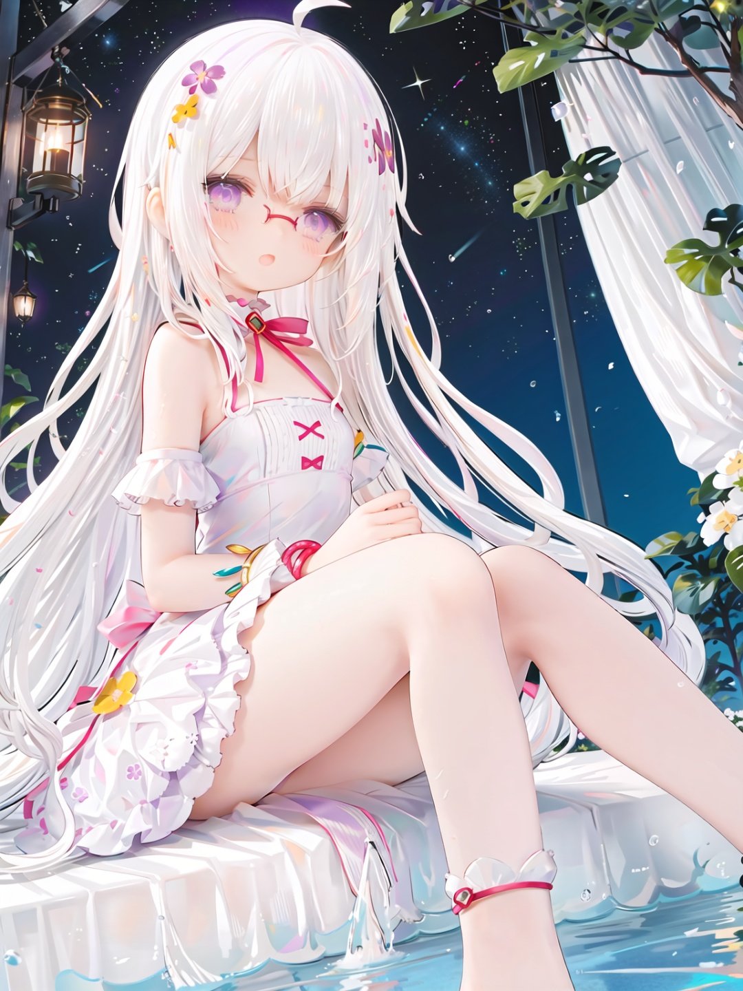 //,masterpiece, ((best quality)), (ultra-detailed), (illustration), an extremely delicate and beautiful, dynamic angle, chromatic aberration,((Medium shot)), ((colorful)),//,1girl,little girl,1girl,loli,petite,loli,looking away,Black rimmed glasses,dress,Constellation print,anklet,barefoot,sitting,(white hair:1.3),(long hair:1.3),ahoge,purple eyes,open mouth,(Dim light),classical,library, plant, Oil lamp,