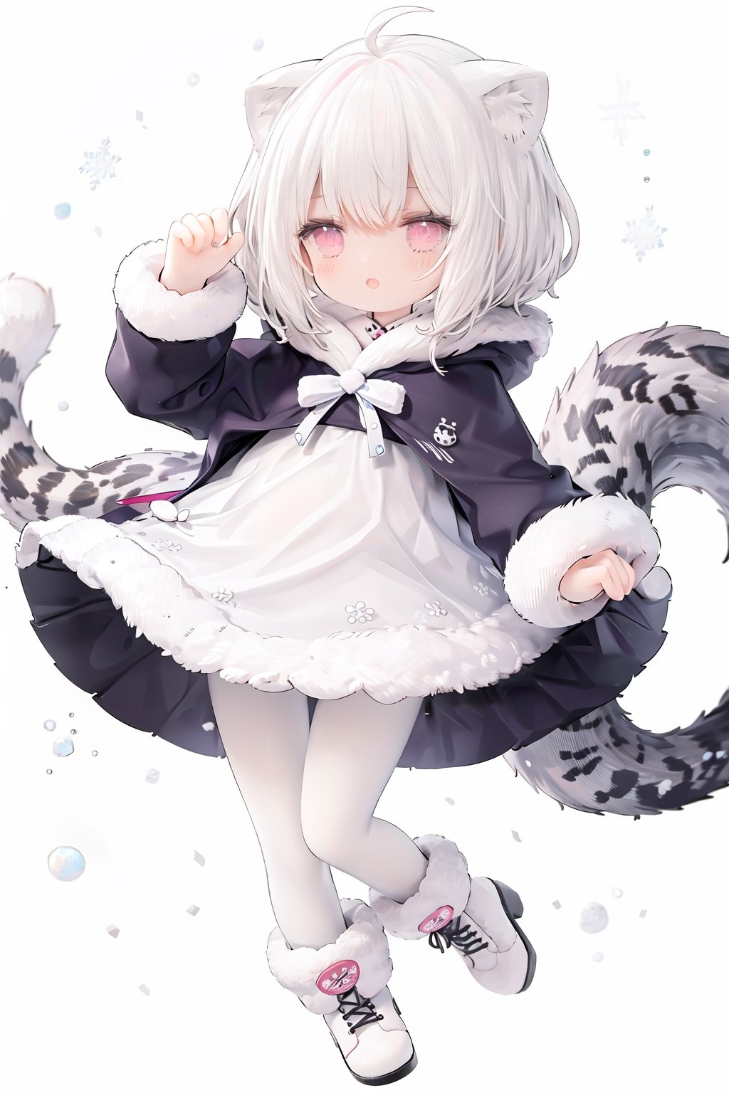 cute,Infant,solo blue shirt,blue sailor coat,loli,full body,white hair,snow leopard ear,white background,snow leopard hood,pink eyes,white fur-trimmed snow leopard ear capelet,laugh,happy,white pantihose,fur-trimmed boots,white pantyhose,red armband,sleeves past fingers,