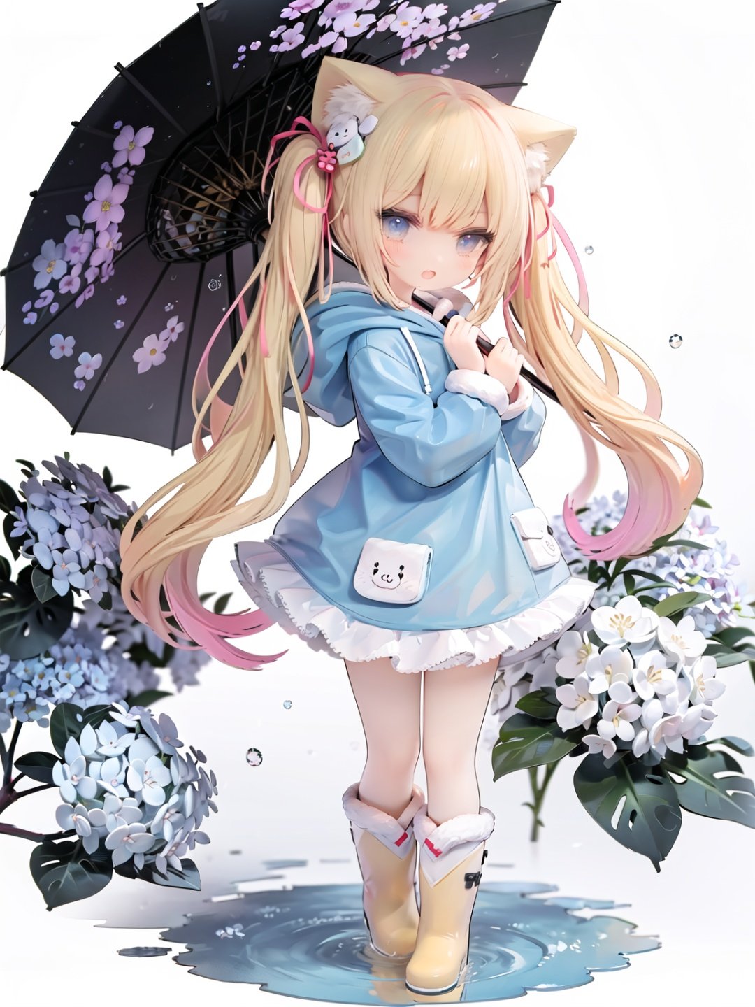 1girl,rainbow,raincoat,yellow raincoat,rubber boots,hydrangea,flower,long hair,twintails,boots,blush,umbrella,open mouth,hair ornament,white background,hood,solo,teruterubouzu,very long hair,hood up,long sleeves,low twintails,bow,bangs,smile,animal hood,blue eyes,rabbit,closed umbrella,puddle,full body,:d,snail,yellow footwear,simple background,pink flower,standing,leaf umbrella,holding umbrella,food-themed hair ornament,hair bow,animal ears,holding,blonde hair,hair flower,rain,animal, 