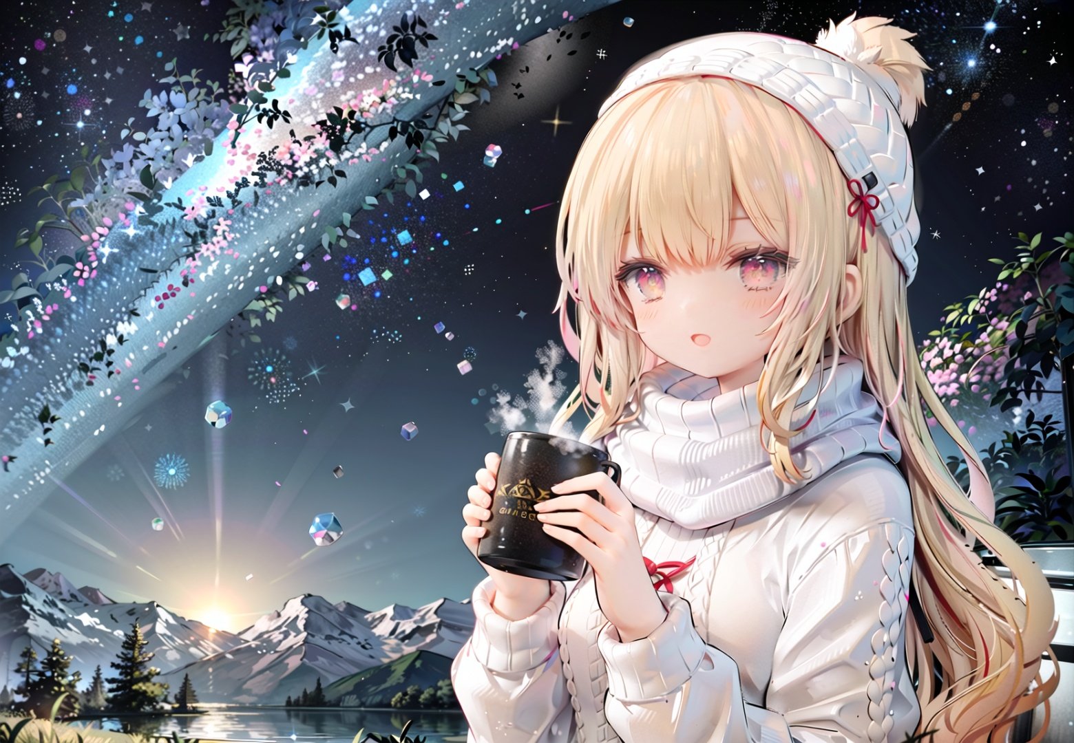 1girl, solo, night, sky, telescope, star (sky), hat, sweater, outdoors, open mouth, smile, starry sky, looking at viewer, cup, pantyhose, night sky, tent, blush, cable knit, brown eyes, holding, black pantyhose, mug, shooting star, :d, bangs, mountain, aran sweater, grass, long hair, long sleeves, scenery, white sweater, standing, holding cup, steam, red eyes, sweater dress, ribbon, scarf, turtleneck, mountainous horizon, dress, swept bangs, blonde hair, lamp, shawl, beanie, lake, lantern, coffee mug