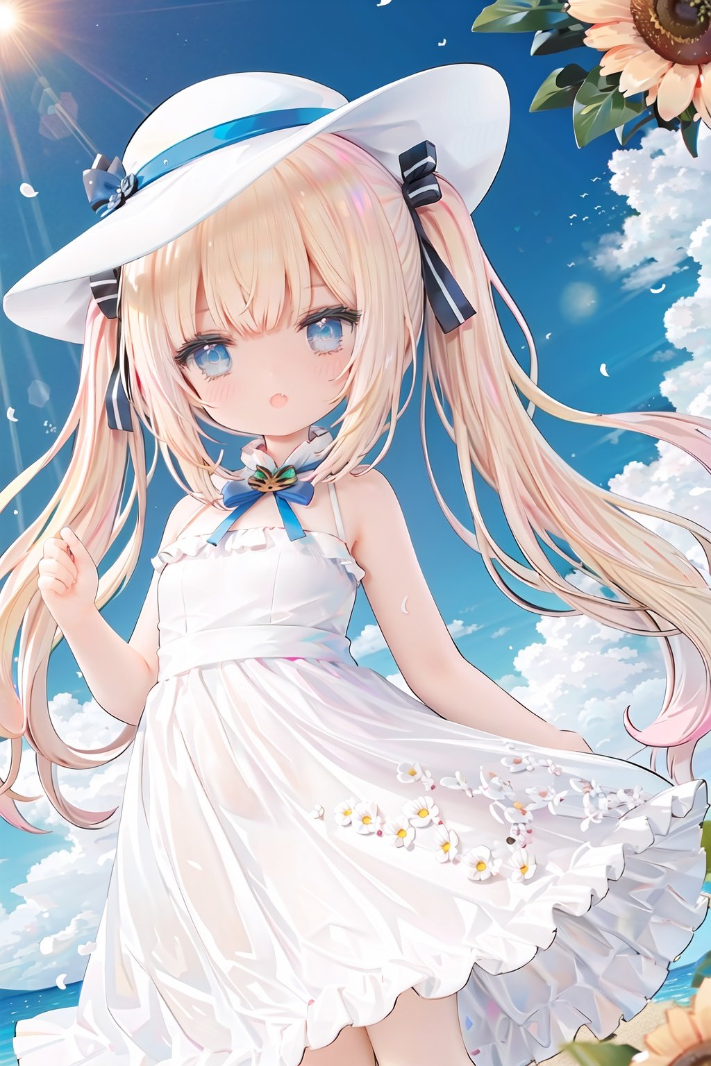 masterpiece, ((best quality)), (ultra-detailed), (illustration), an extremely delicate and beautiful girl, dynamic angle, chromatic aberration, ((colorful)),movie,1girls,loli,little girl,petite child,//,lens flare,dramatic, coastal,pale-blonde hair, blue eyes,very long twintails,white hat,blue sky,laugh,double tooth,fang,floatingflying petal, flowery field, sky, sun,field, sunflower , //, (strong rim light:1.2), god light, Tyndall effect, bloom, glowing,(lens flare,ray tracing:1.2),depth of field, blurry foreground,